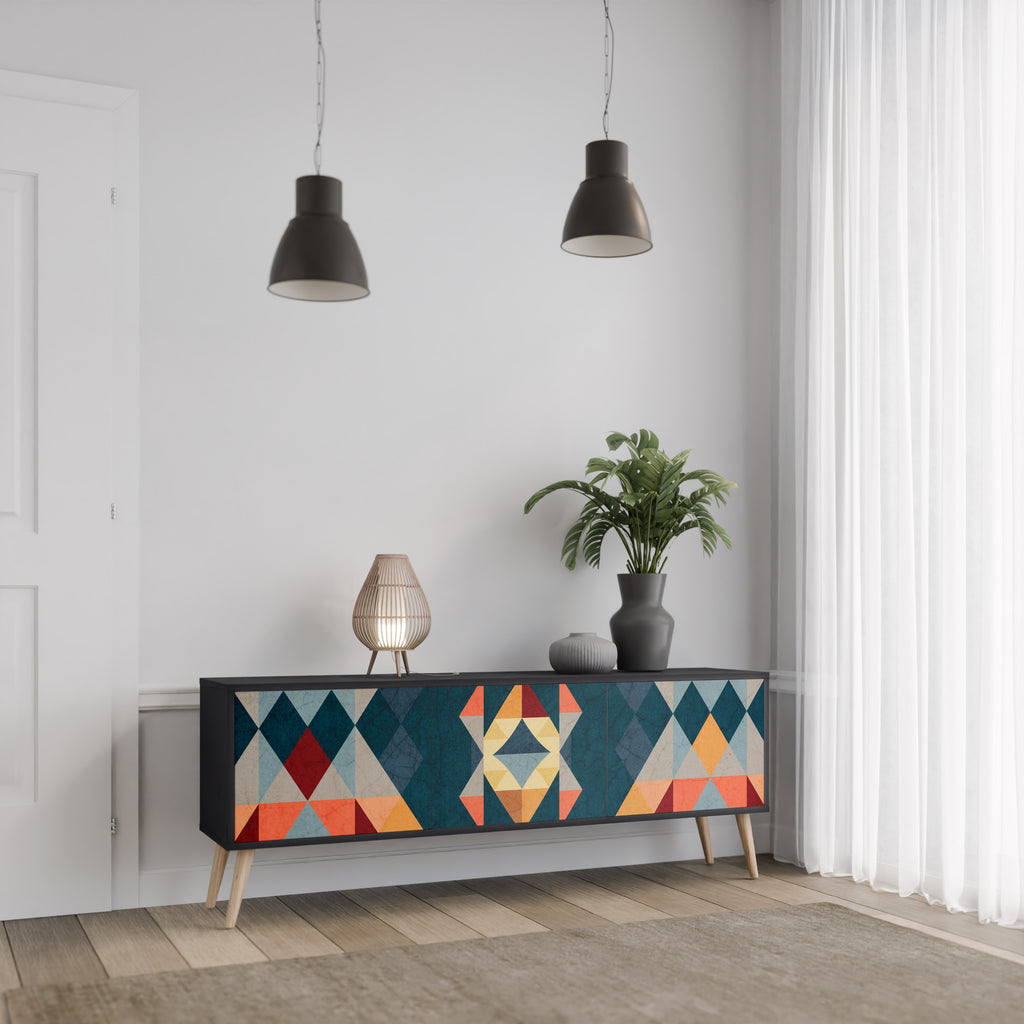 Mueble de TV de 3 puertas CRACKED ILLUSION con acabado negro