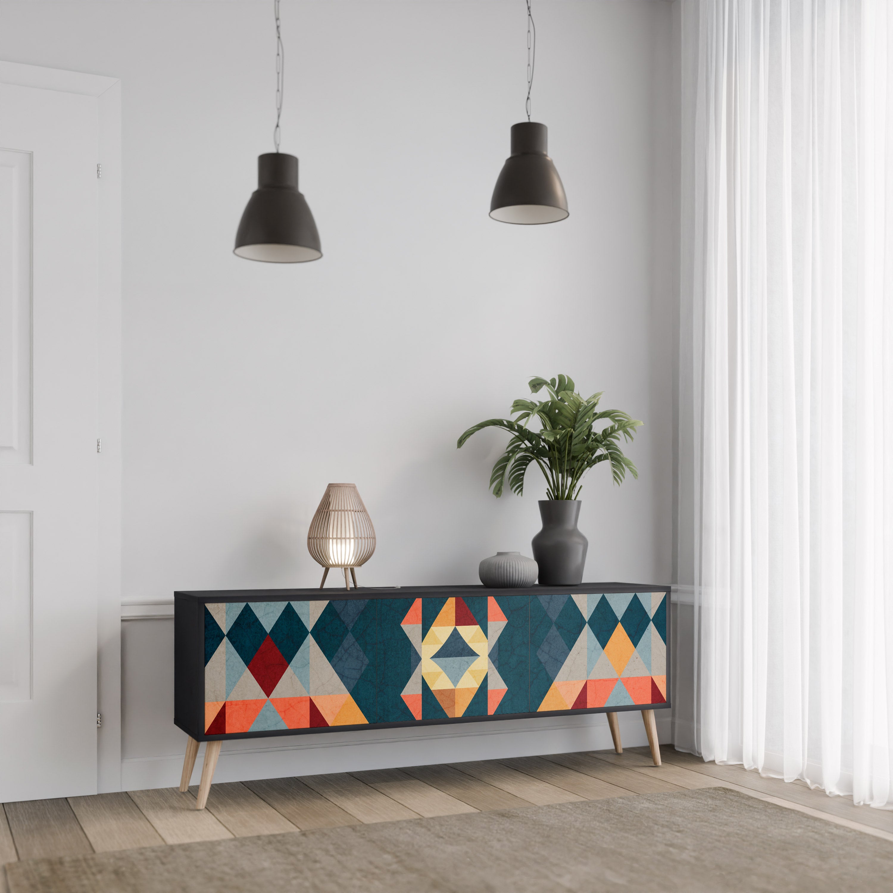 Mueble de TV de 3 puertas CRACKED ILLUSION con acabado negro