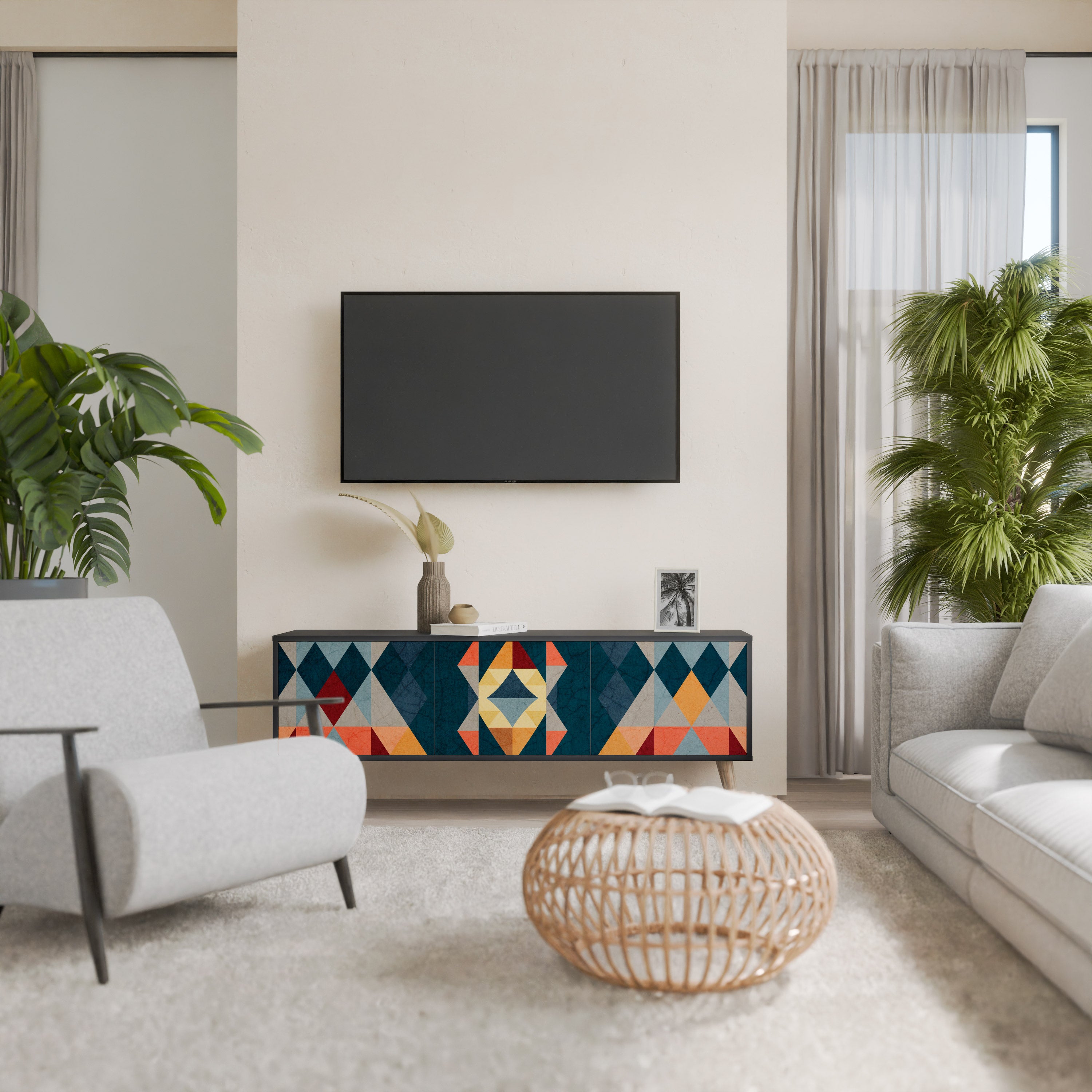 Mueble de TV de 3 puertas CRACKED ILLUSION con acabado negro