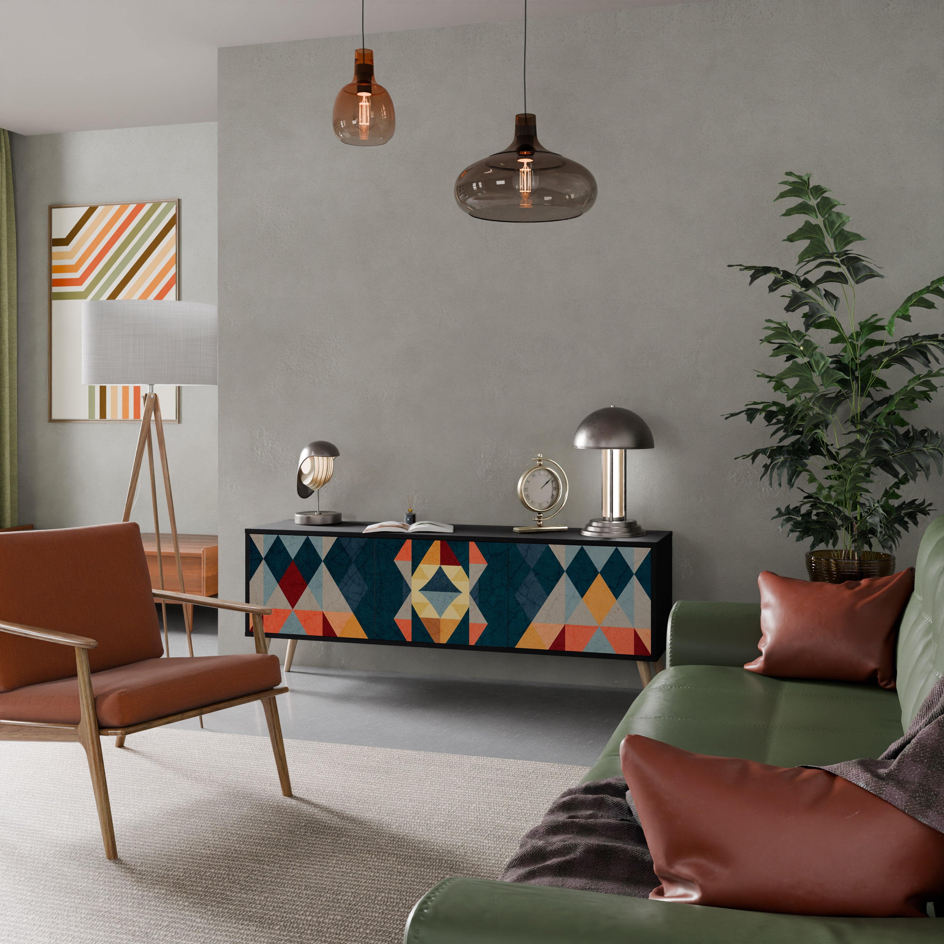 Mueble de TV de 3 puertas CRACKED ILLUSION con acabado negro
