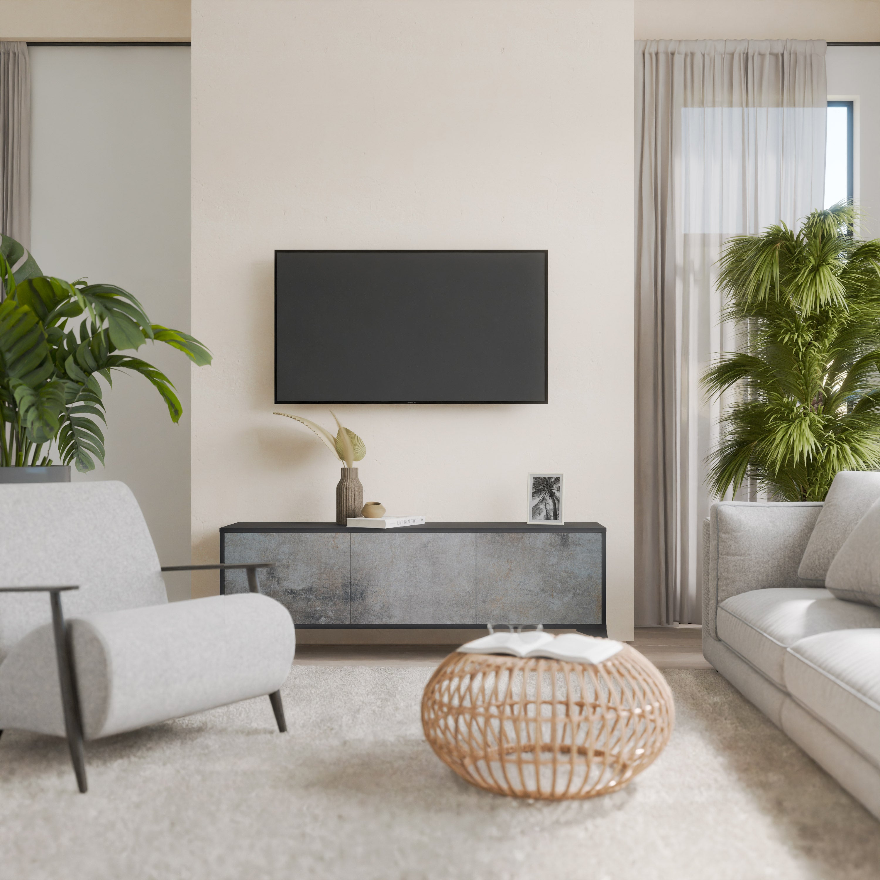 Mueble de TV de 3 puertas CONCRETE WALL en acabado negro