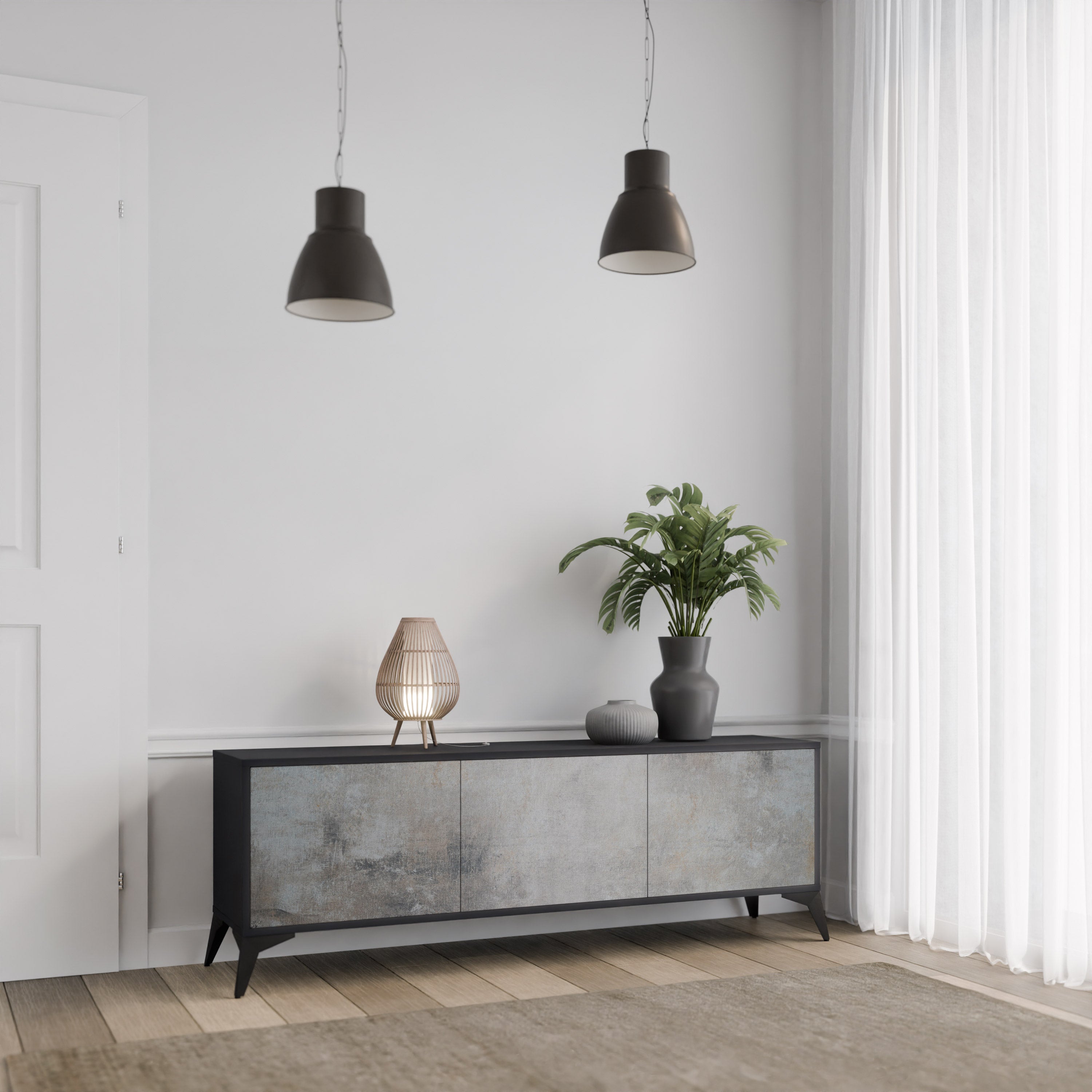 Mueble de TV de 3 puertas CONCRETE WALL en acabado negro