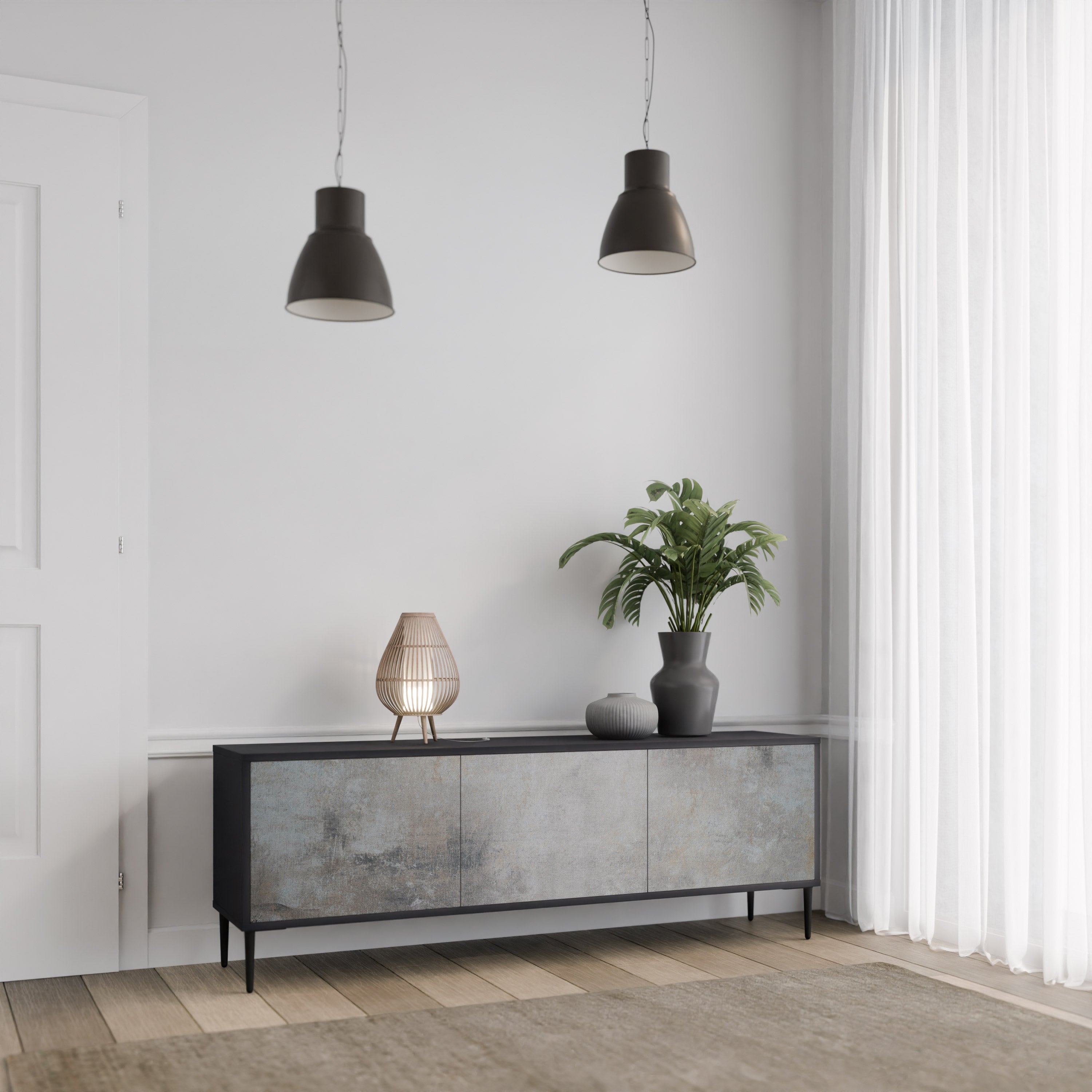 Mueble de TV de 3 puertas CONCRETE WALL en acabado negro