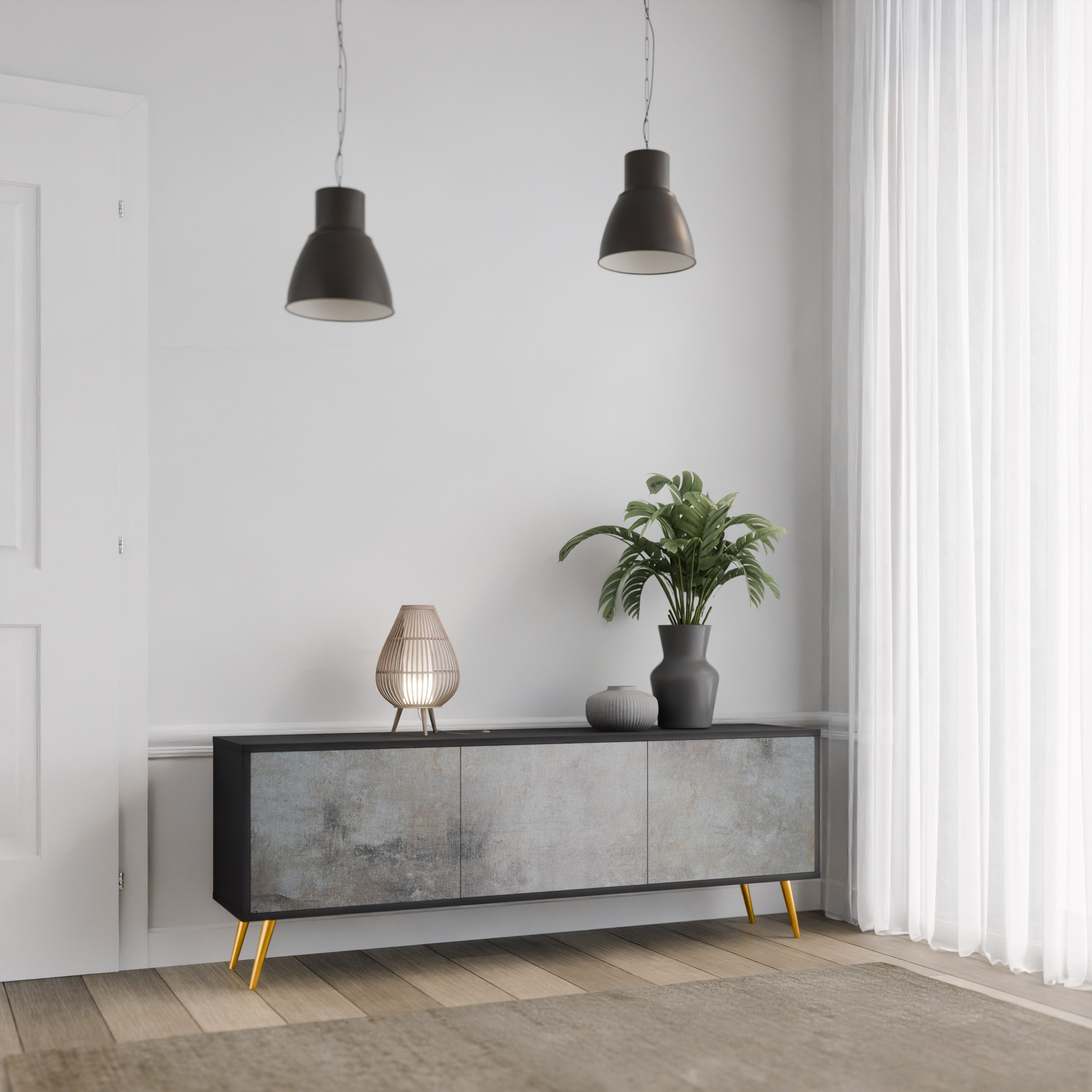 Mueble de TV de 3 puertas CONCRETE WALL en acabado negro