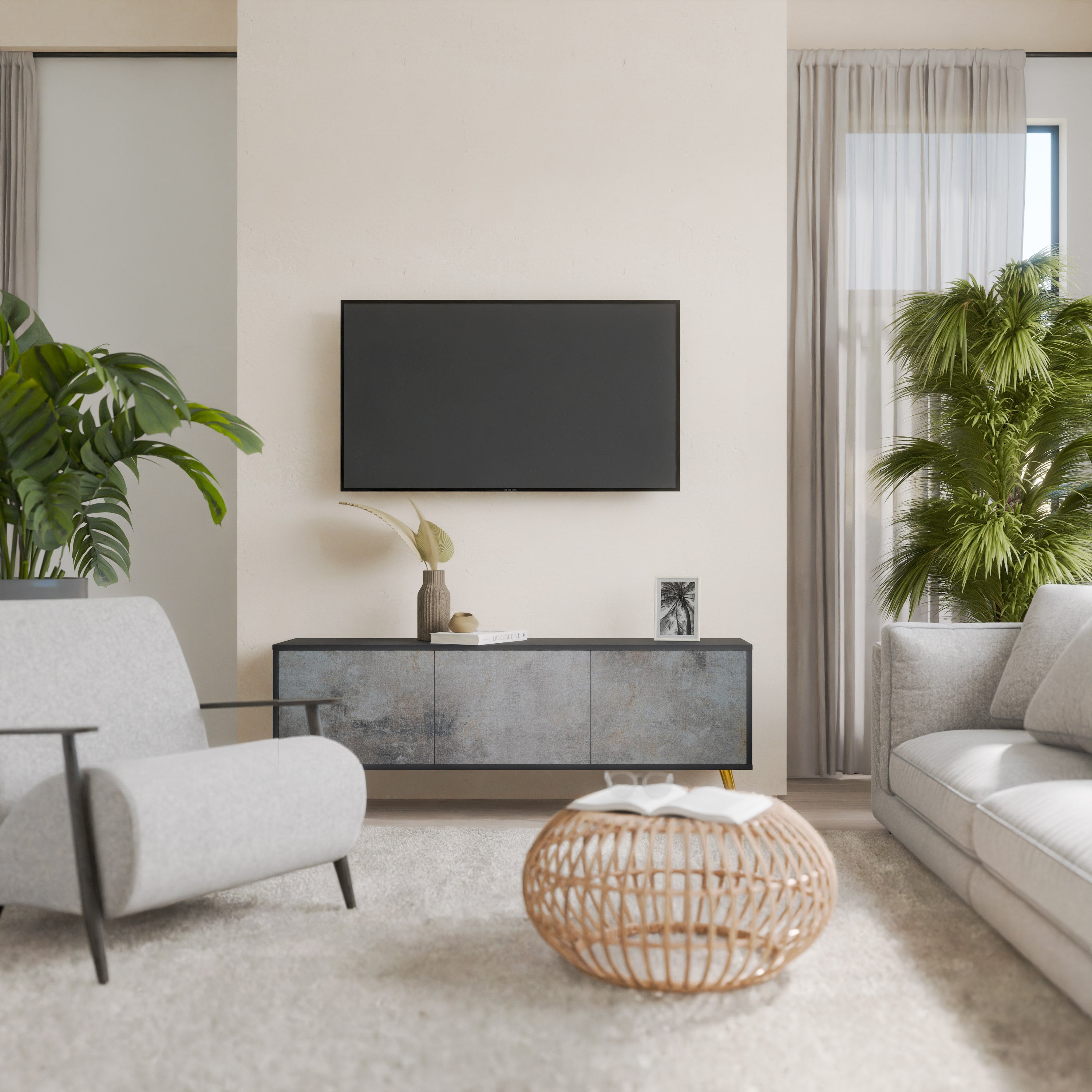 Mueble de TV de 3 puertas CONCRETE WALL en acabado negro
