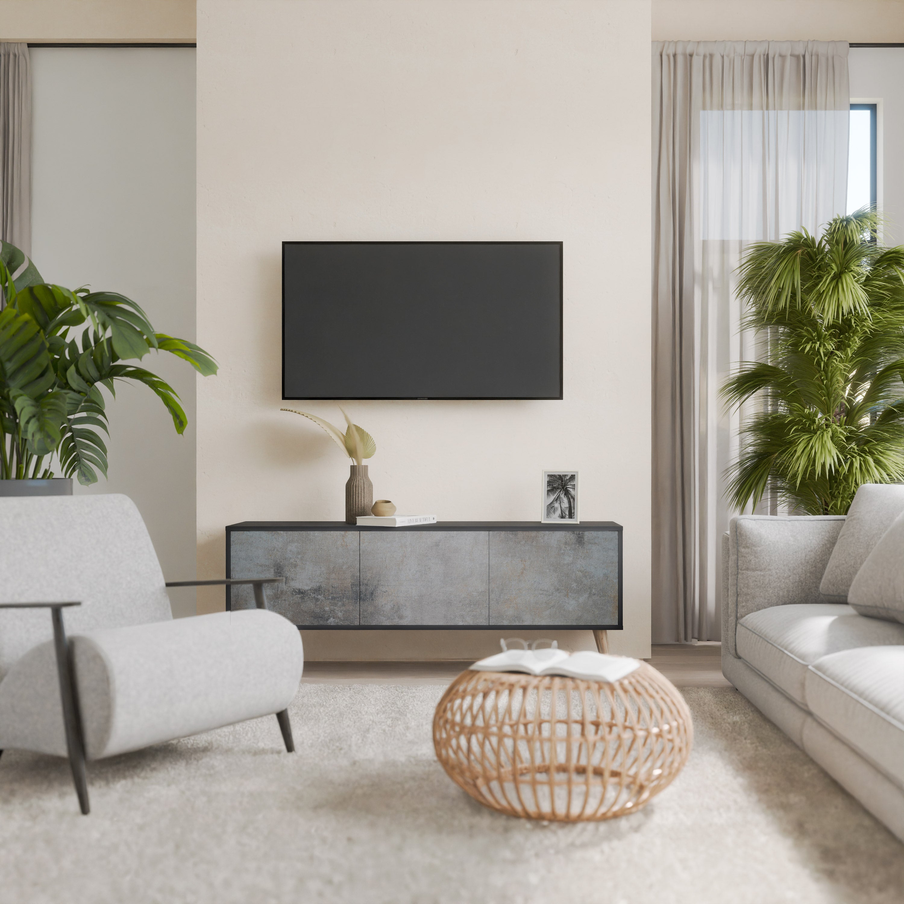 Mueble de TV de 3 puertas CONCRETE WALL en acabado negro
