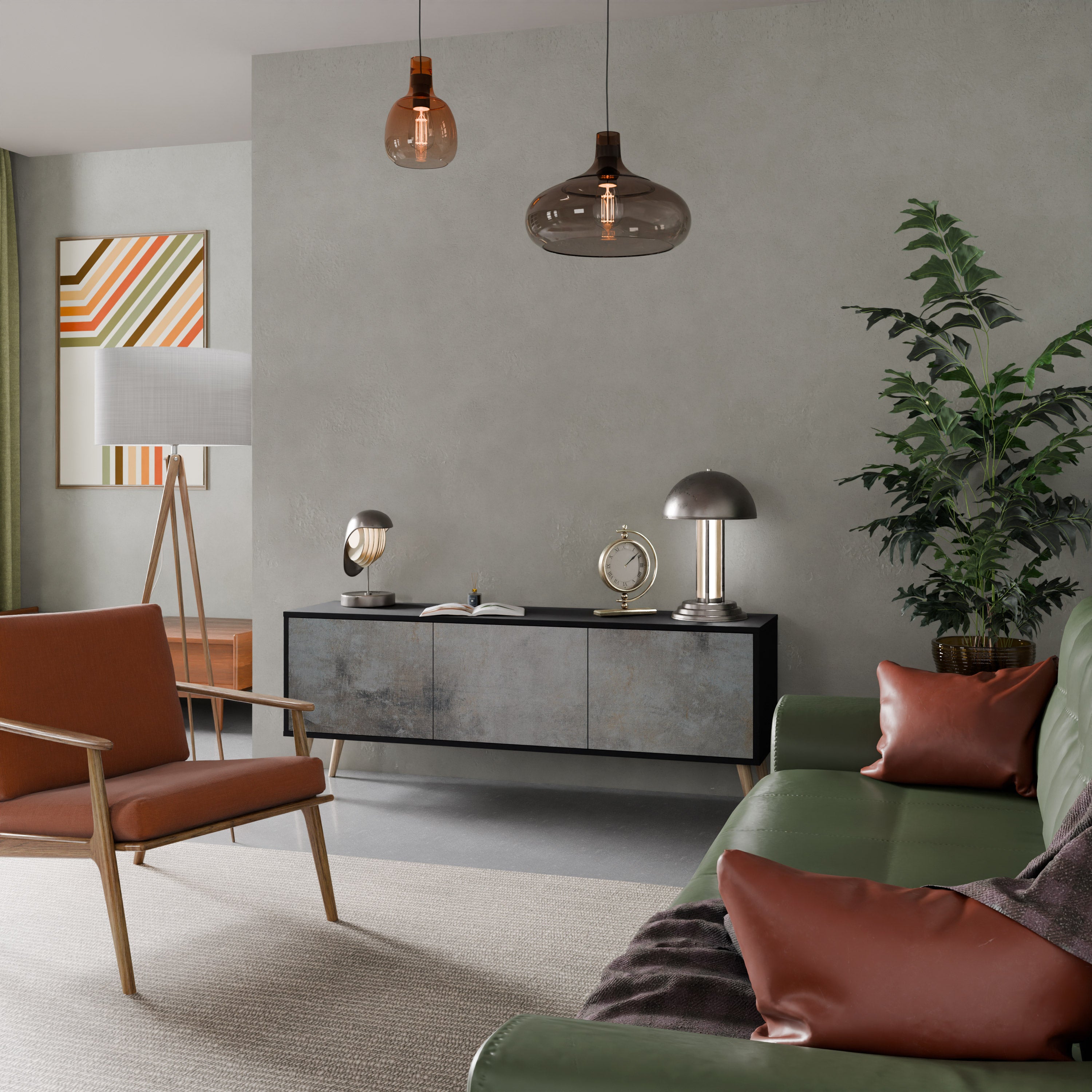 Mueble de TV de 3 puertas CONCRETE WALL en acabado negro