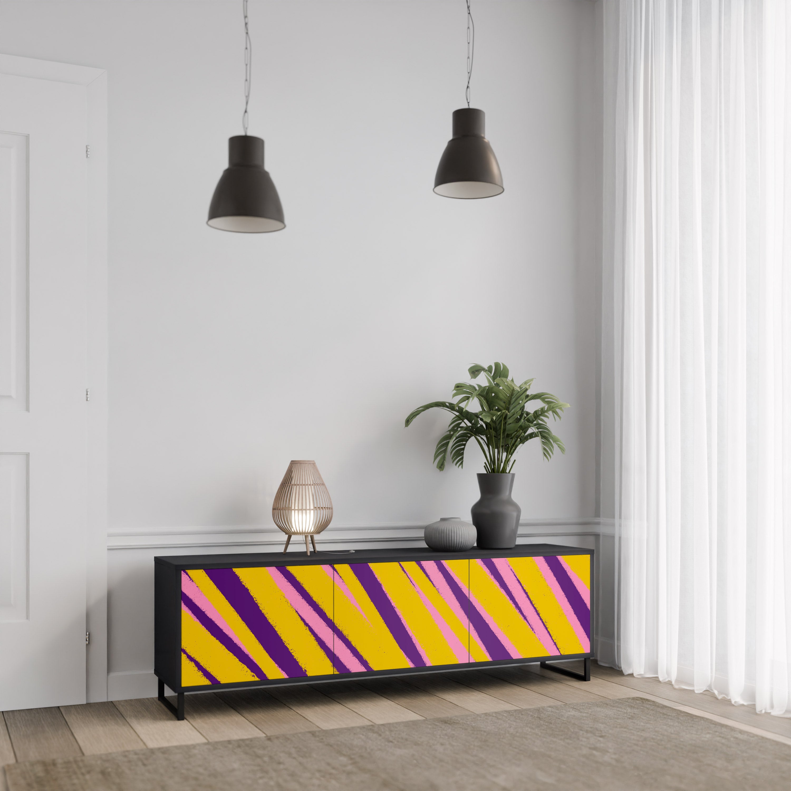 Los sueños se hacen realidad. Mueble de TV de 3 puertas con acabado negro.
