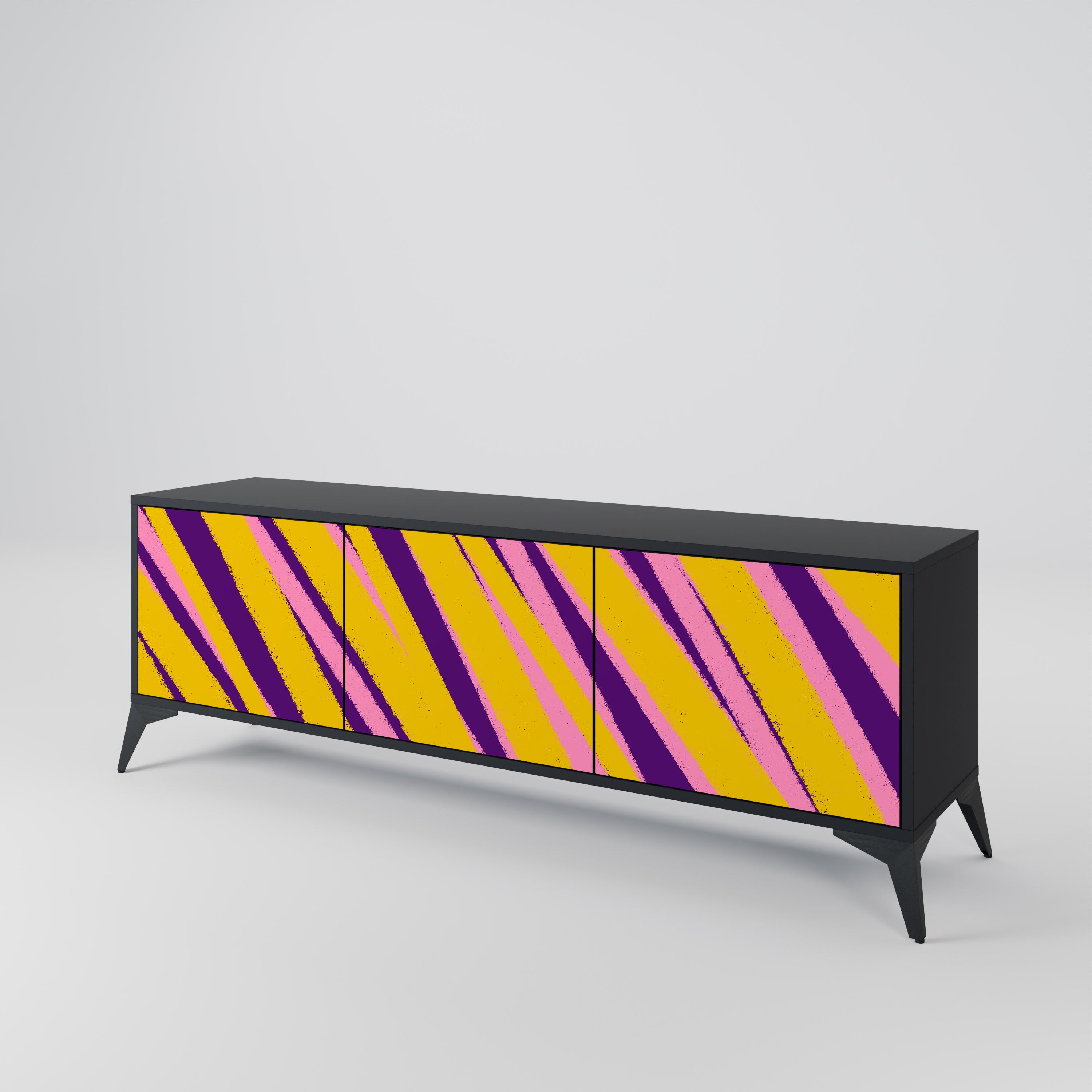 Los sueños se hacen realidad. Mueble de TV de 3 puertas con acabado negro.