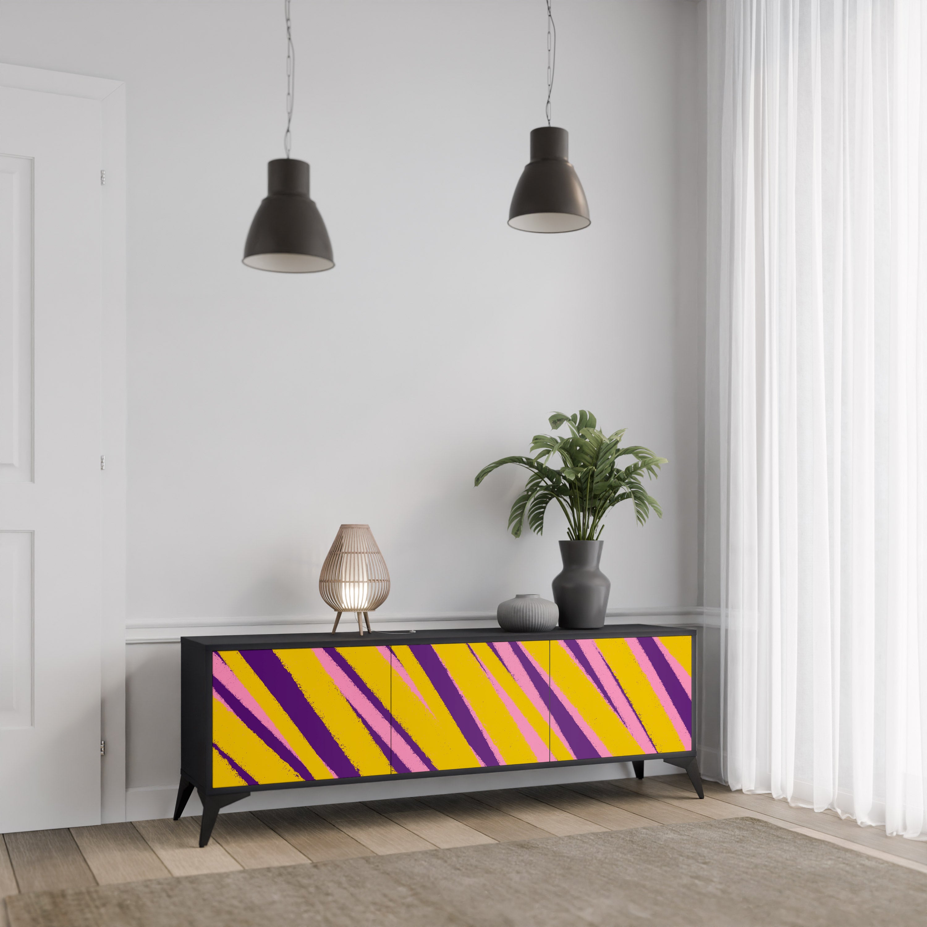 Los sueños se hacen realidad. Mueble de TV de 3 puertas con acabado negro.