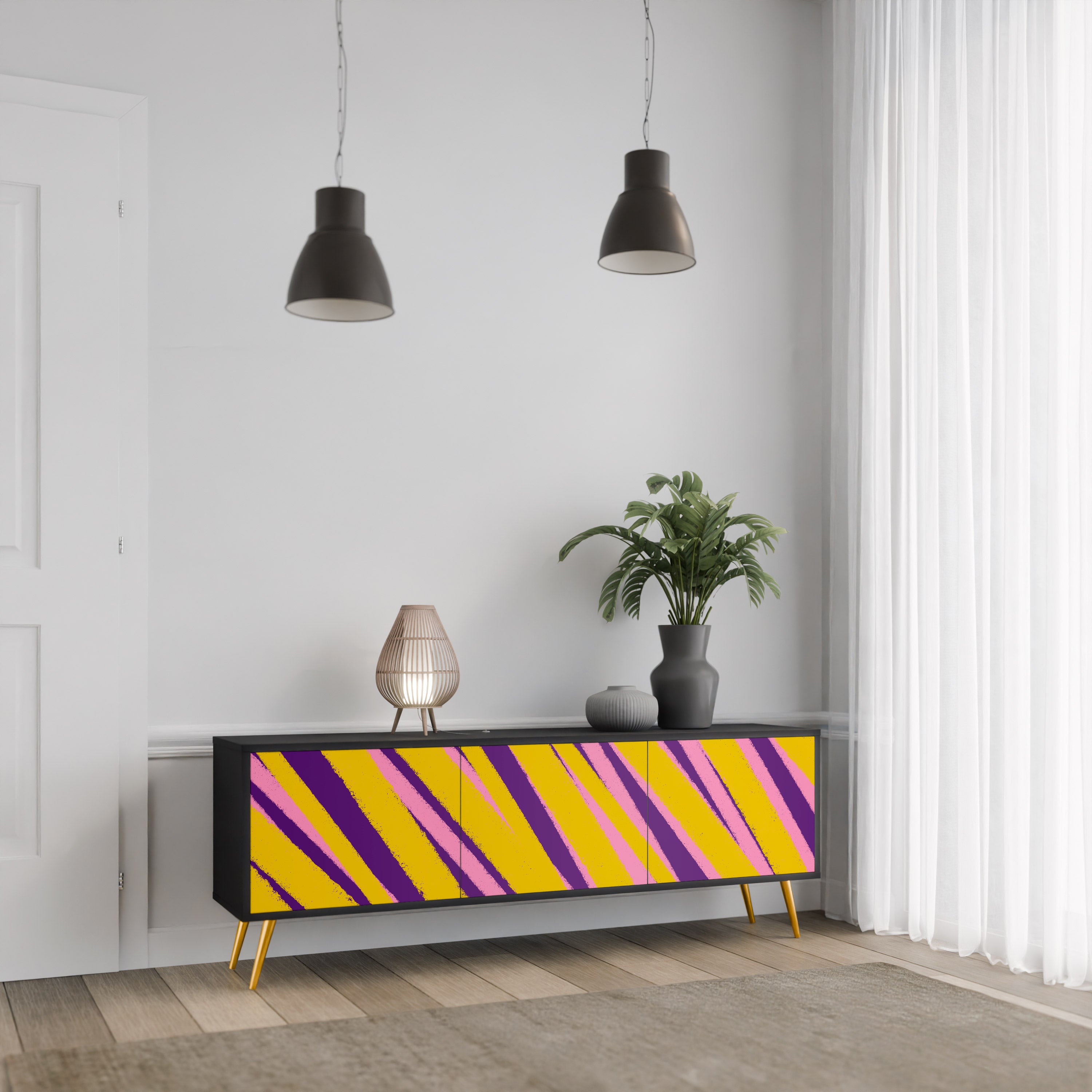 Los sueños se hacen realidad. Mueble de TV de 3 puertas con acabado negro.