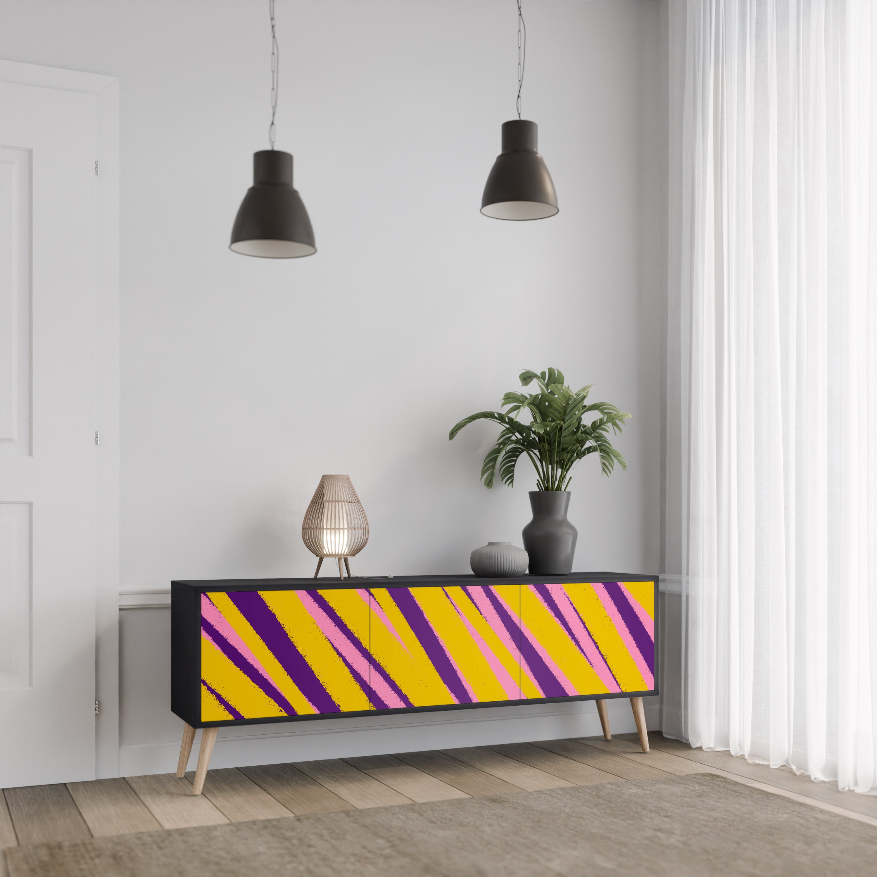 Los sueños se hacen realidad. Mueble de TV de 3 puertas con acabado negro.