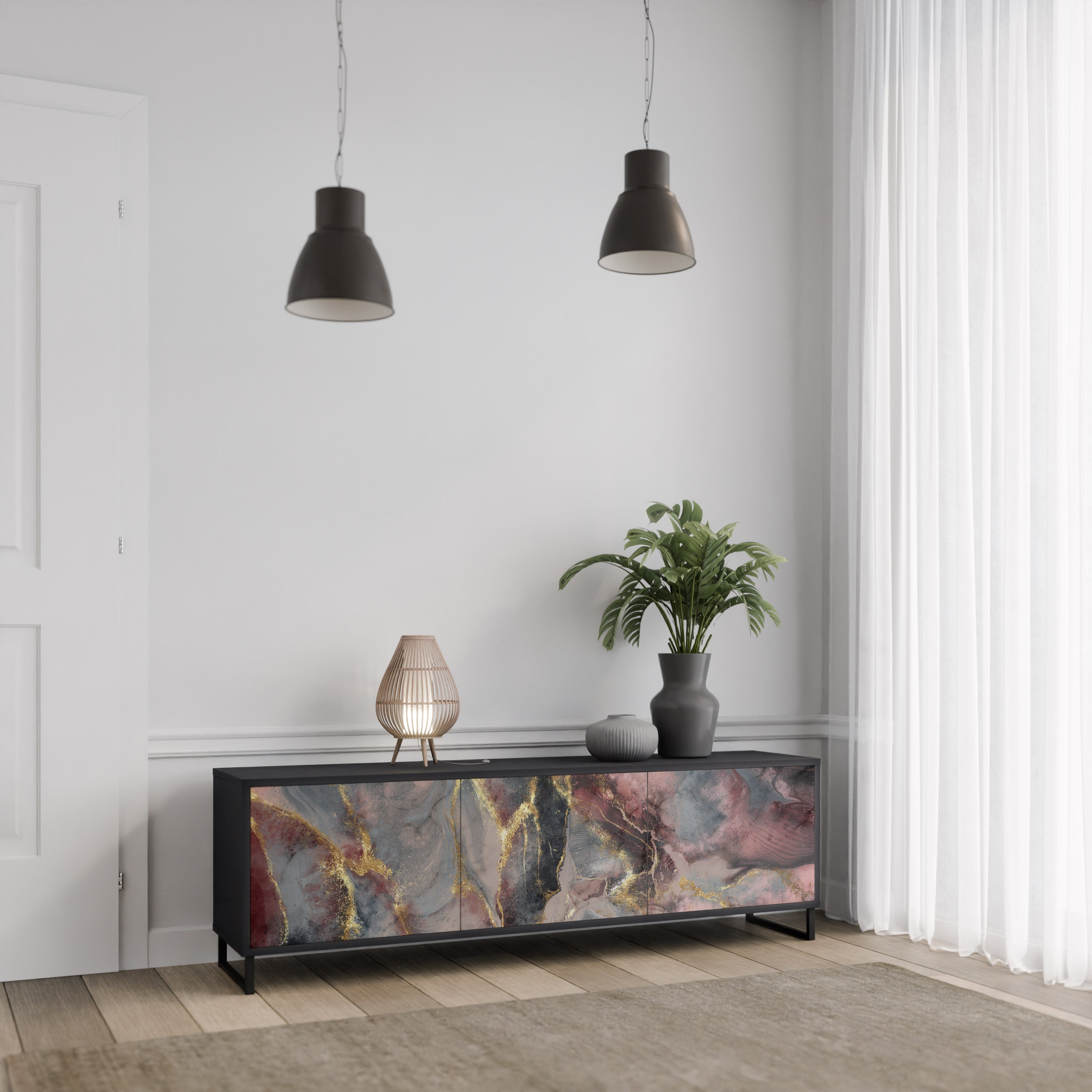 Mueble de TV de 3 puertas GOLDEN TIDES con acabado negro