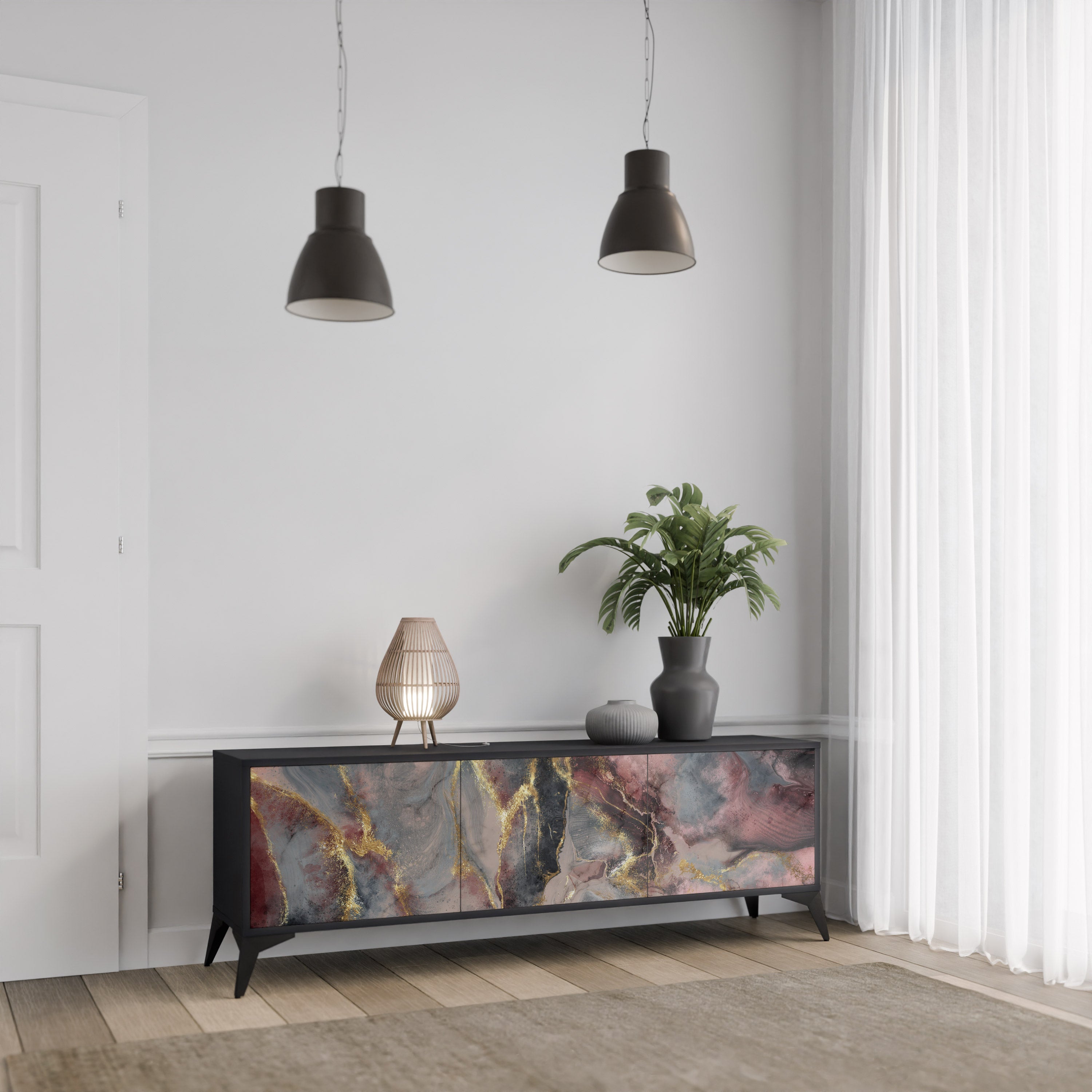 Mueble de TV de 3 puertas GOLDEN TIDES con acabado negro
