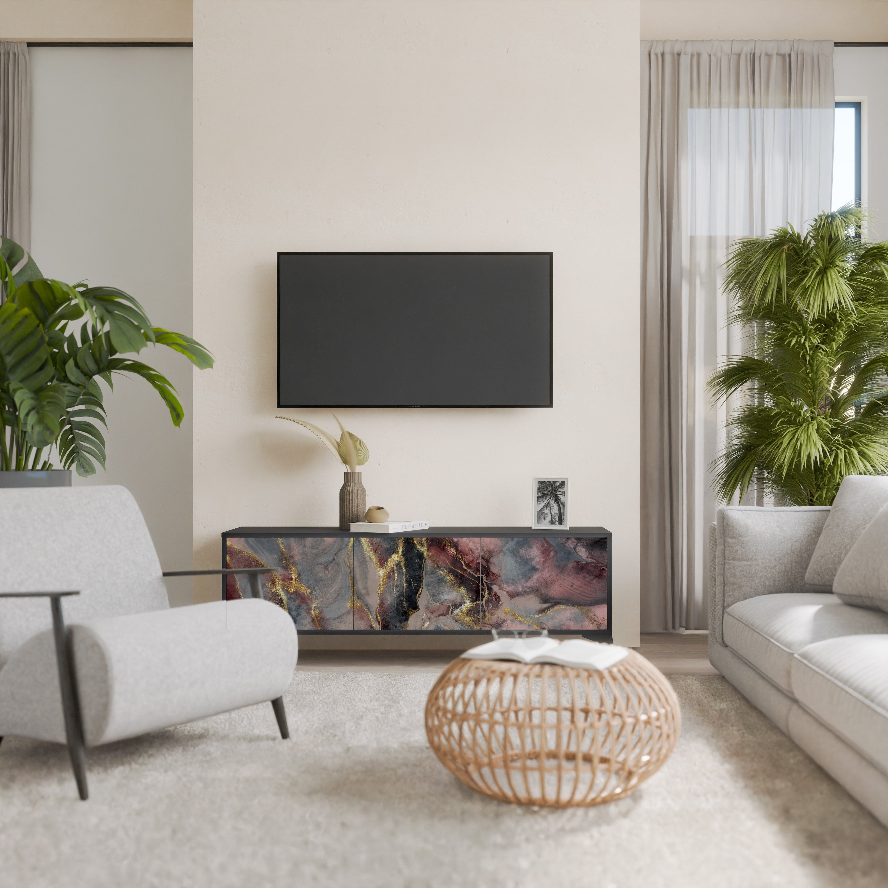 Mueble de TV de 3 puertas GOLDEN TIDES con acabado negro