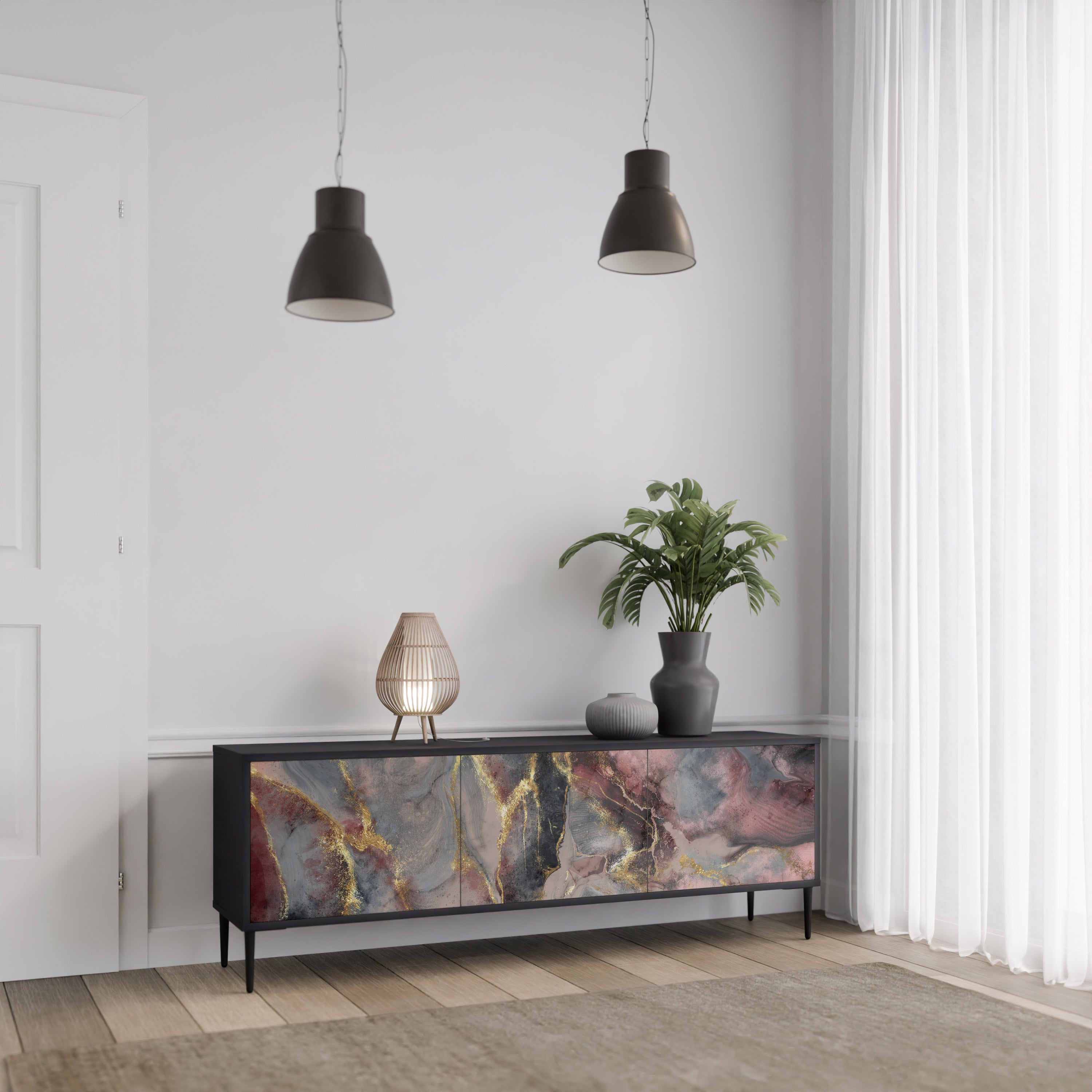 Mueble de TV de 3 puertas GOLDEN TIDES con acabado negro