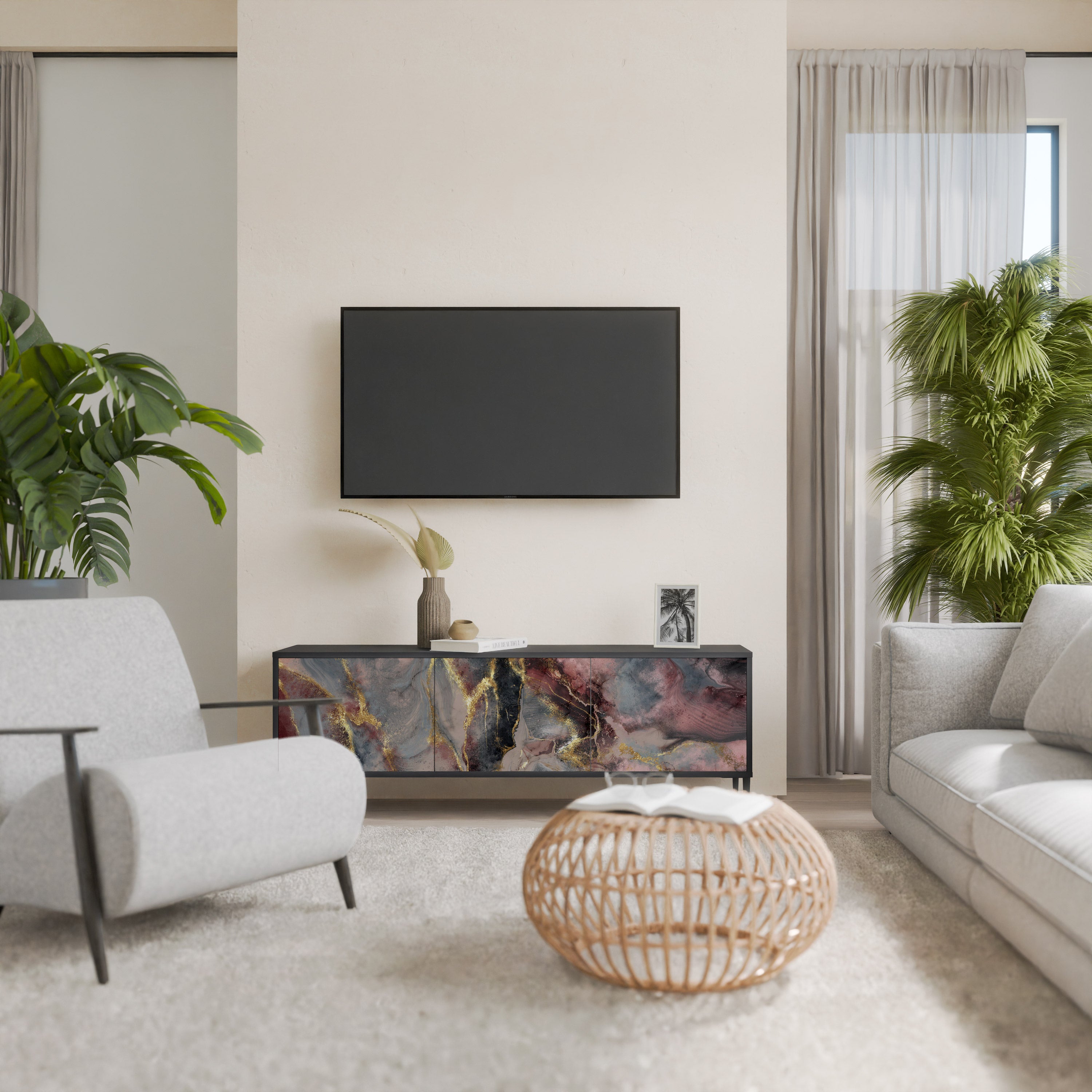 Mueble de TV de 3 puertas GOLDEN TIDES con acabado negro