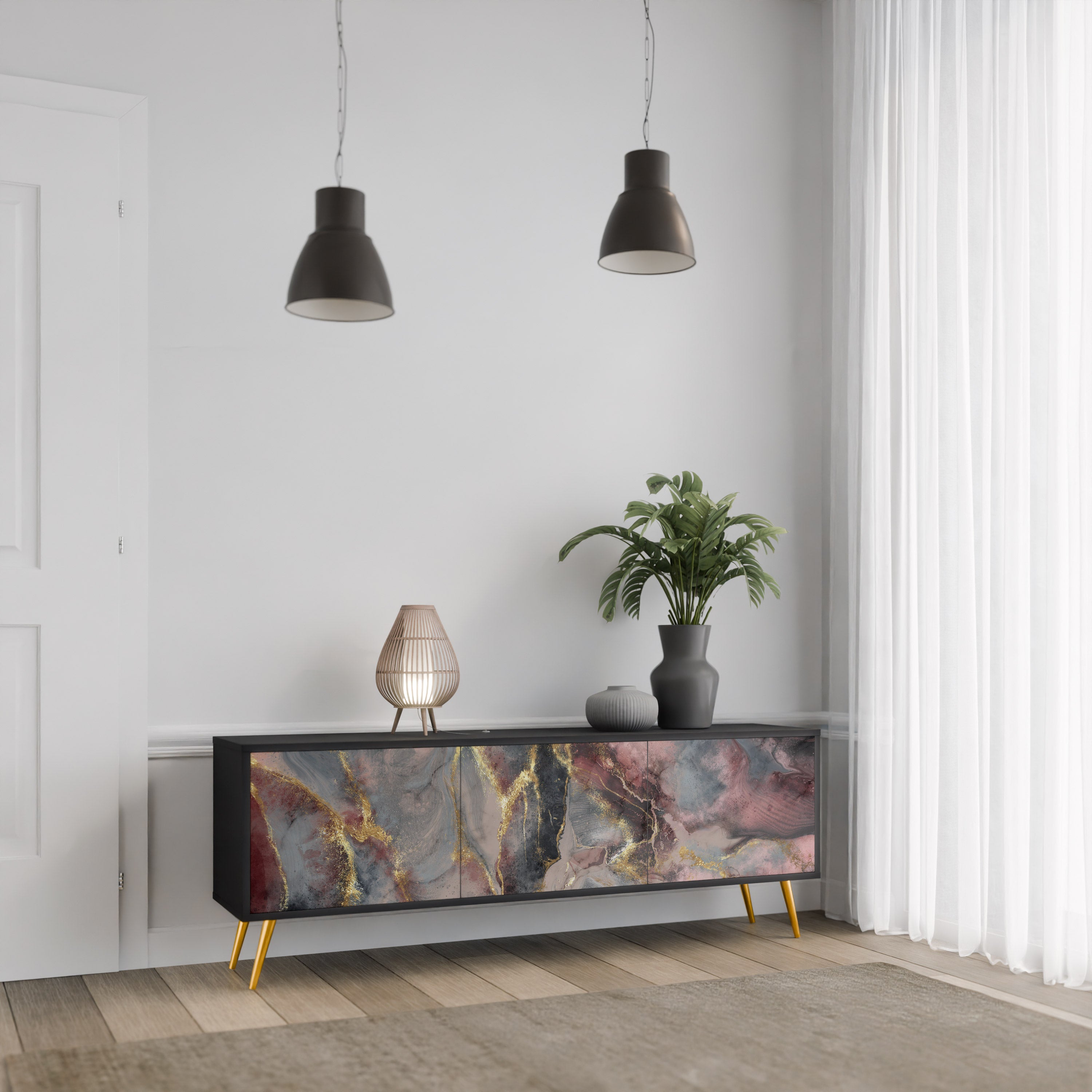 Mueble de TV de 3 puertas GOLDEN TIDES con acabado negro