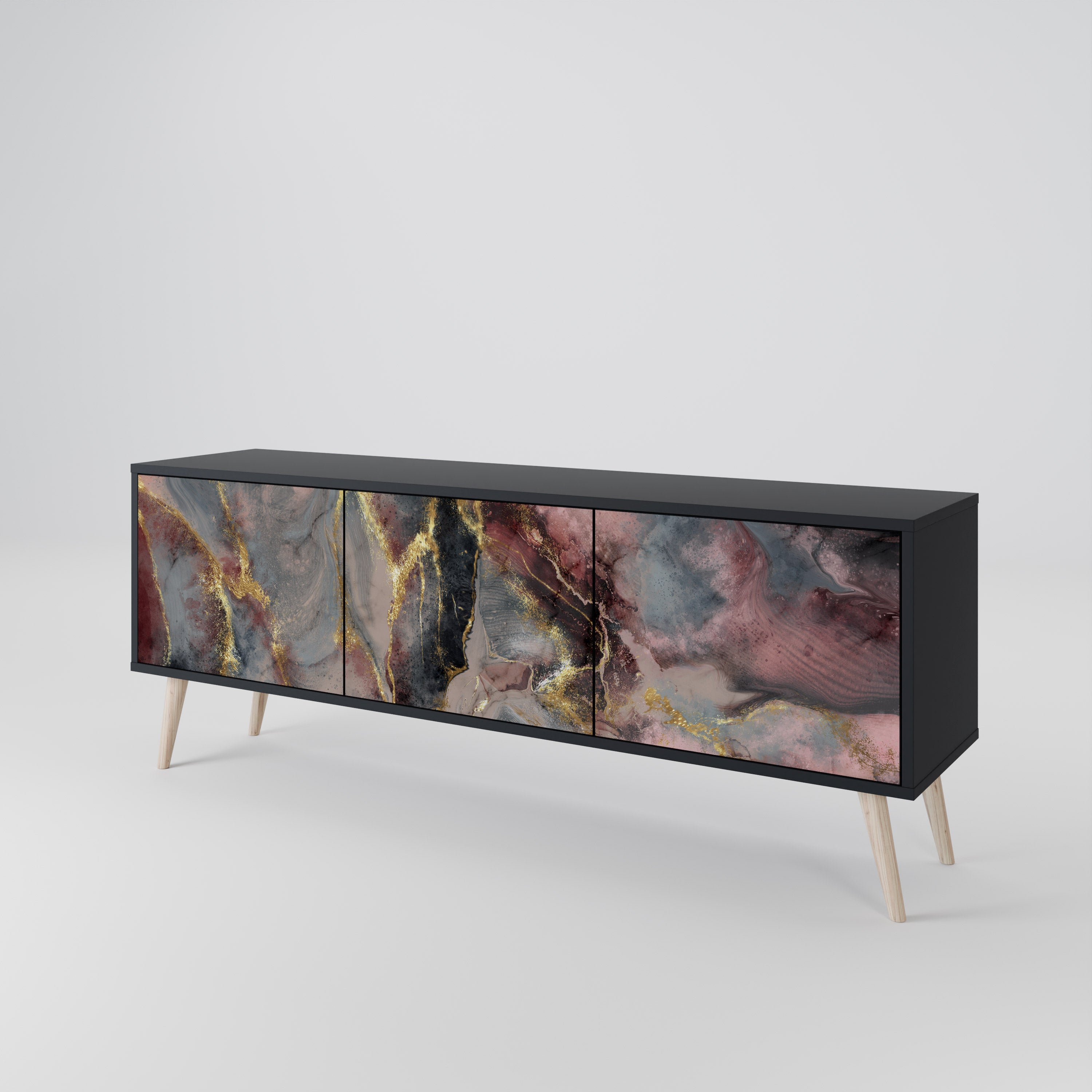 Mueble de TV de 3 puertas GOLDEN TIDES con acabado negro