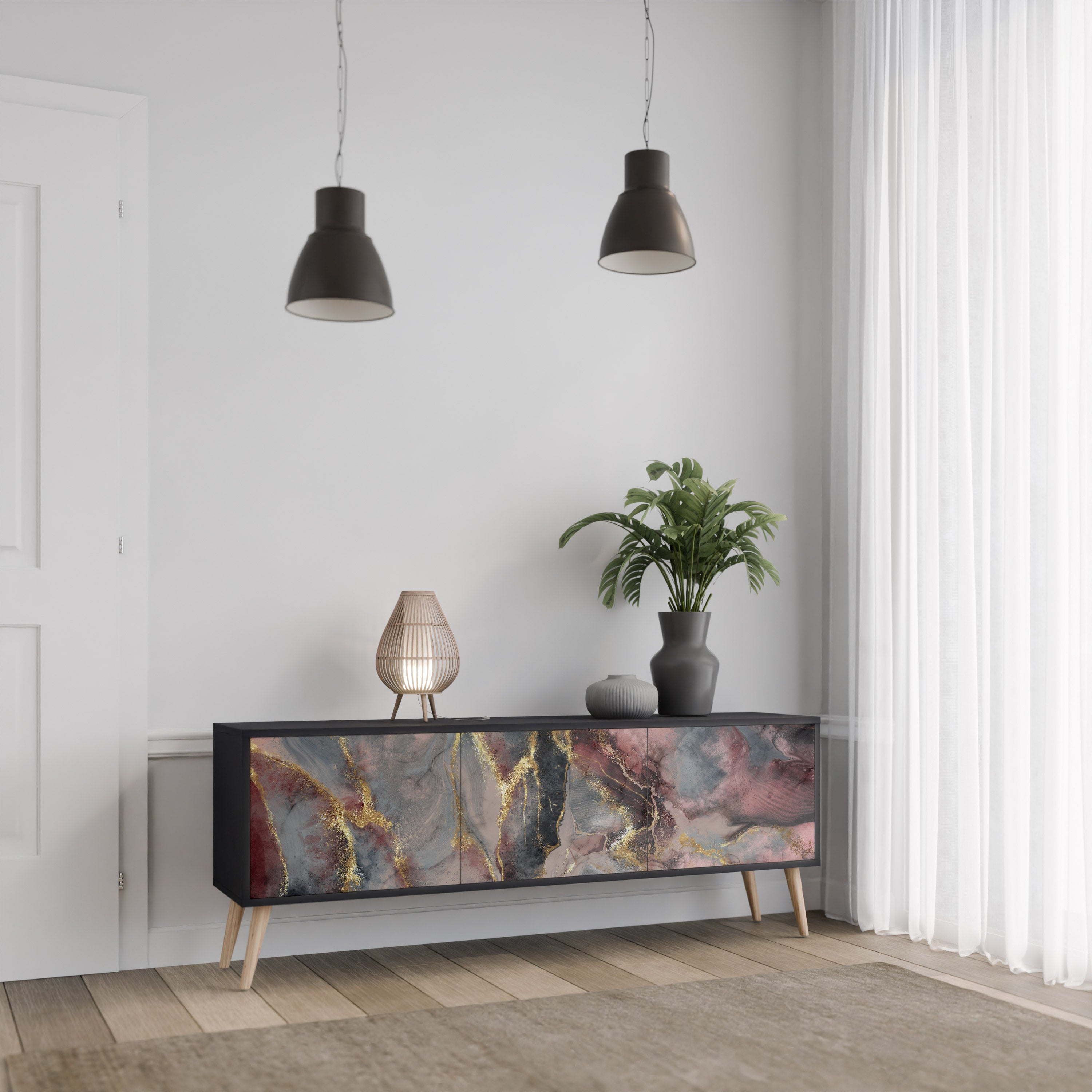 Mueble de TV de 3 puertas GOLDEN TIDES con acabado negro