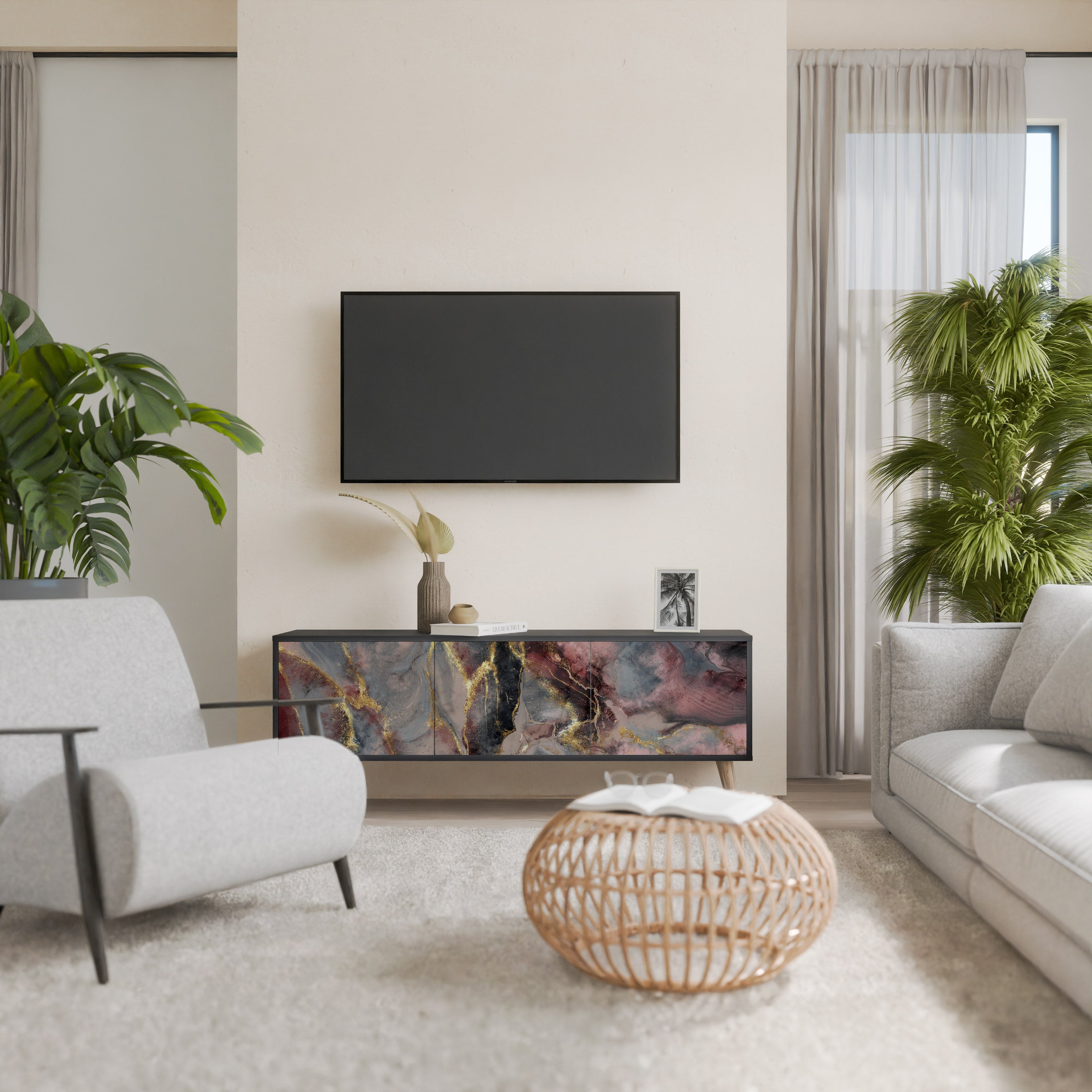 Mueble de TV de 3 puertas GOLDEN TIDES con acabado negro