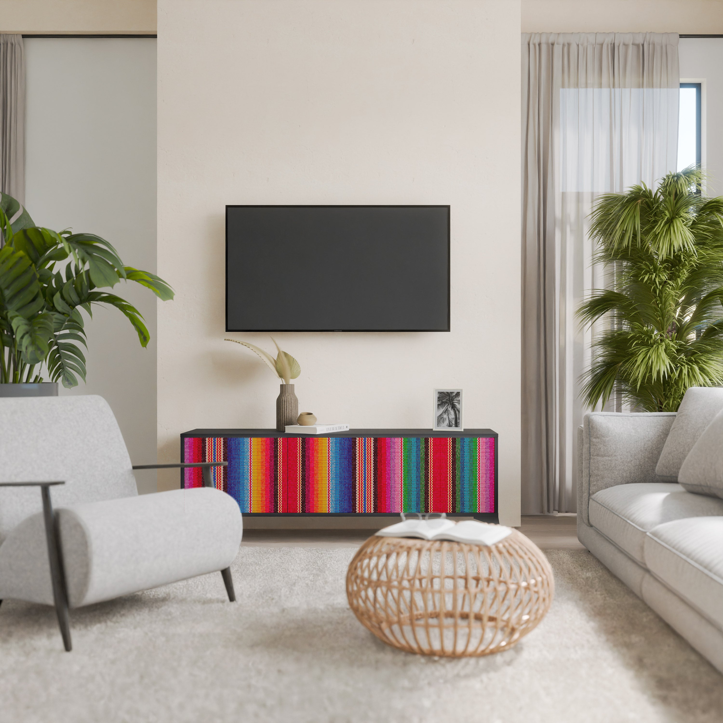 ETHNIC MEXICAN 3-Door TV Stand in Black Finish