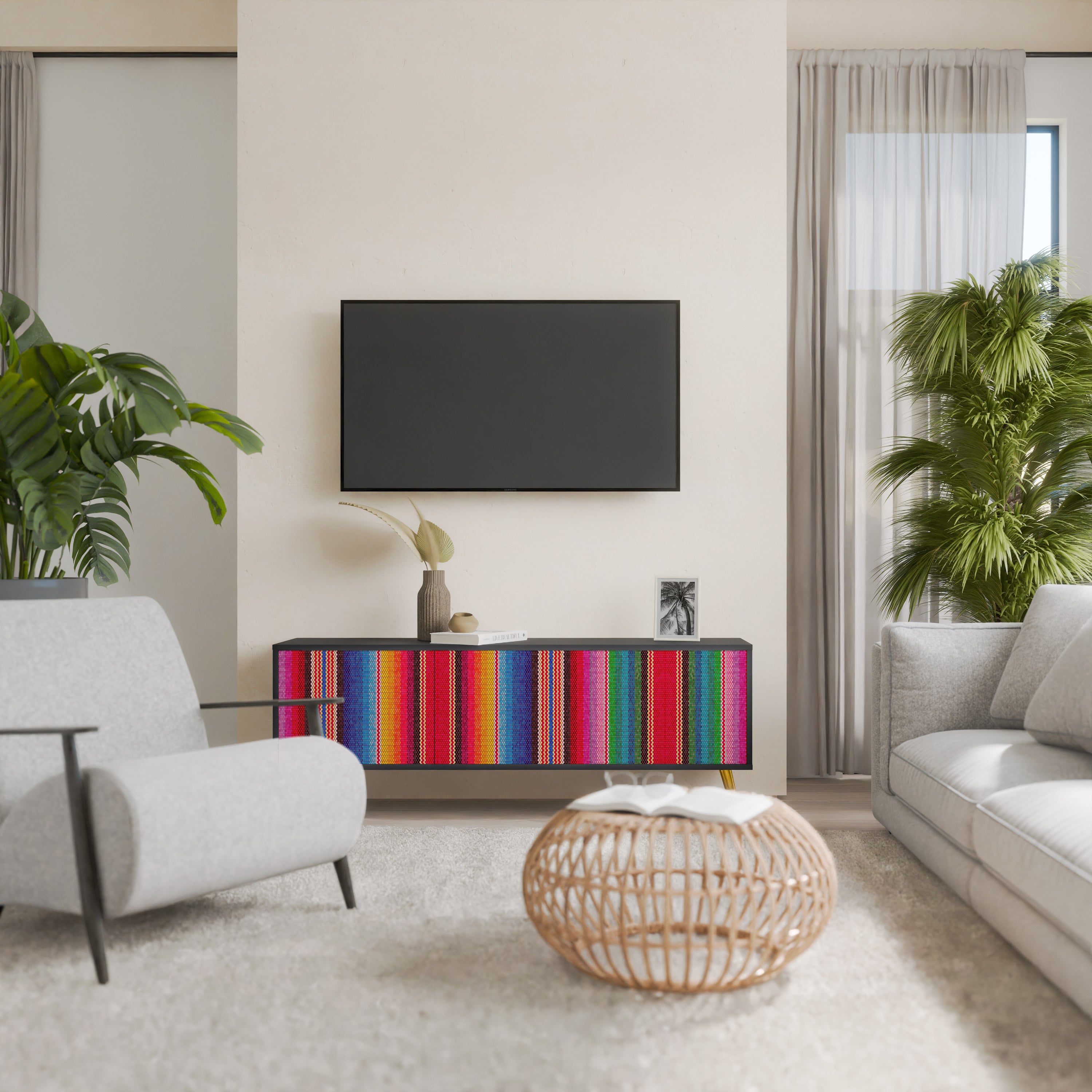 ETHNIC MEXICAN 3-Door TV Stand in Black Finish