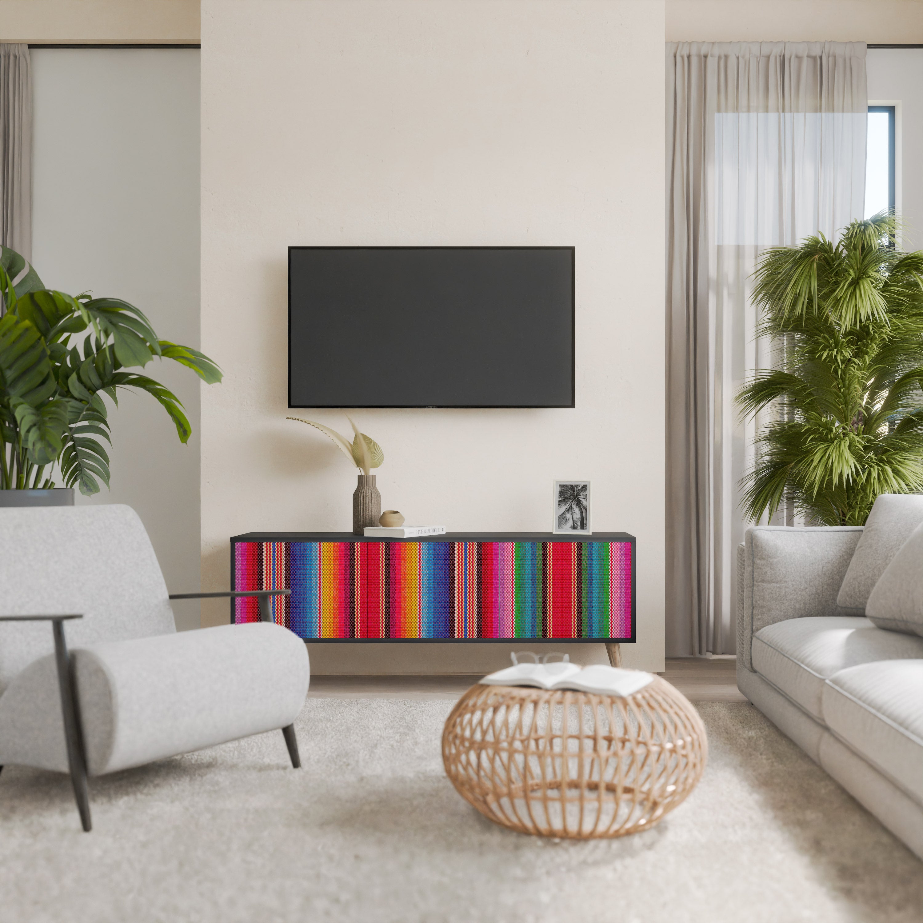 ETHNIC MEXICAN 3-Door TV Stand in Black Finish