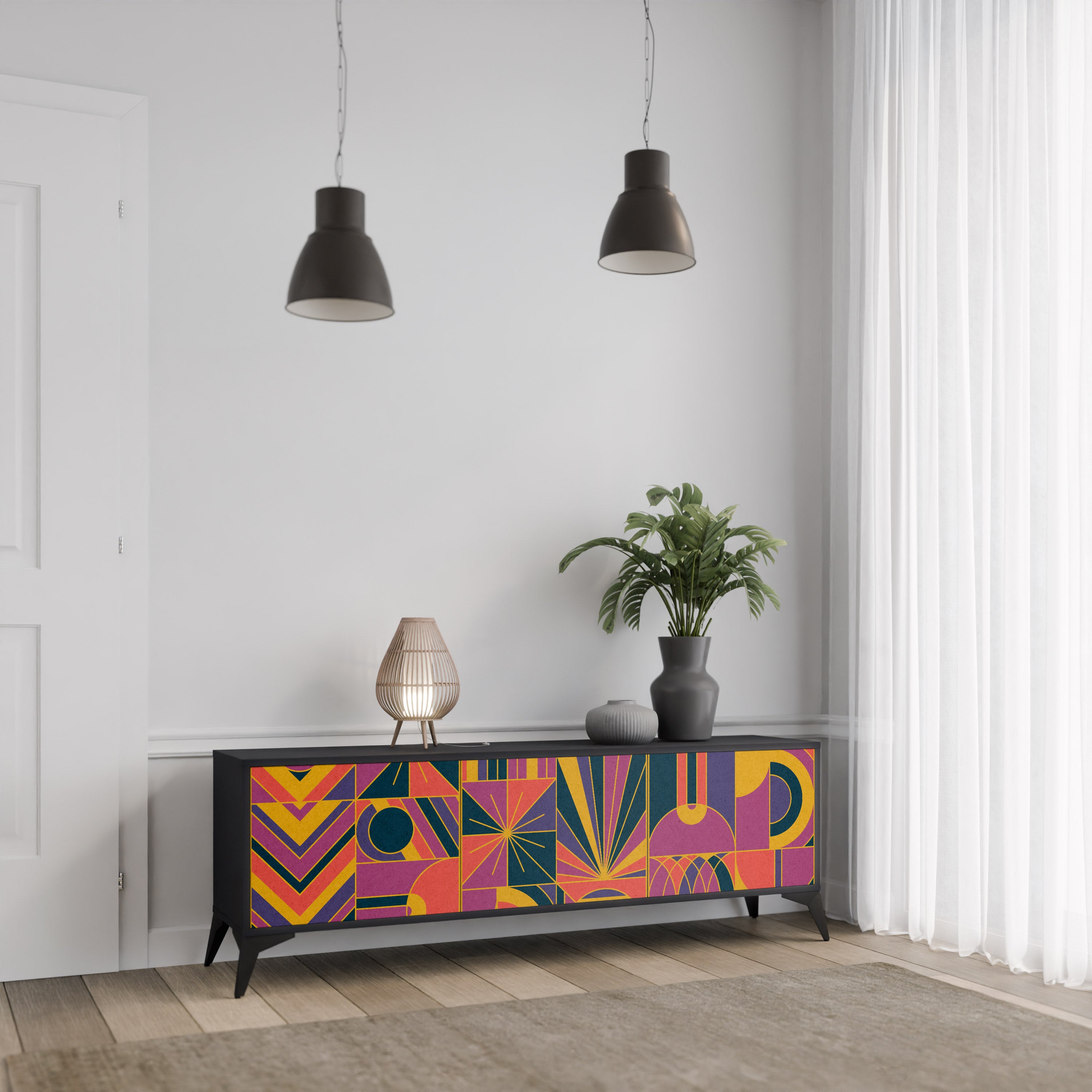 ELECTRIC PATTERNS 3-Door TV Stand in Black Finish