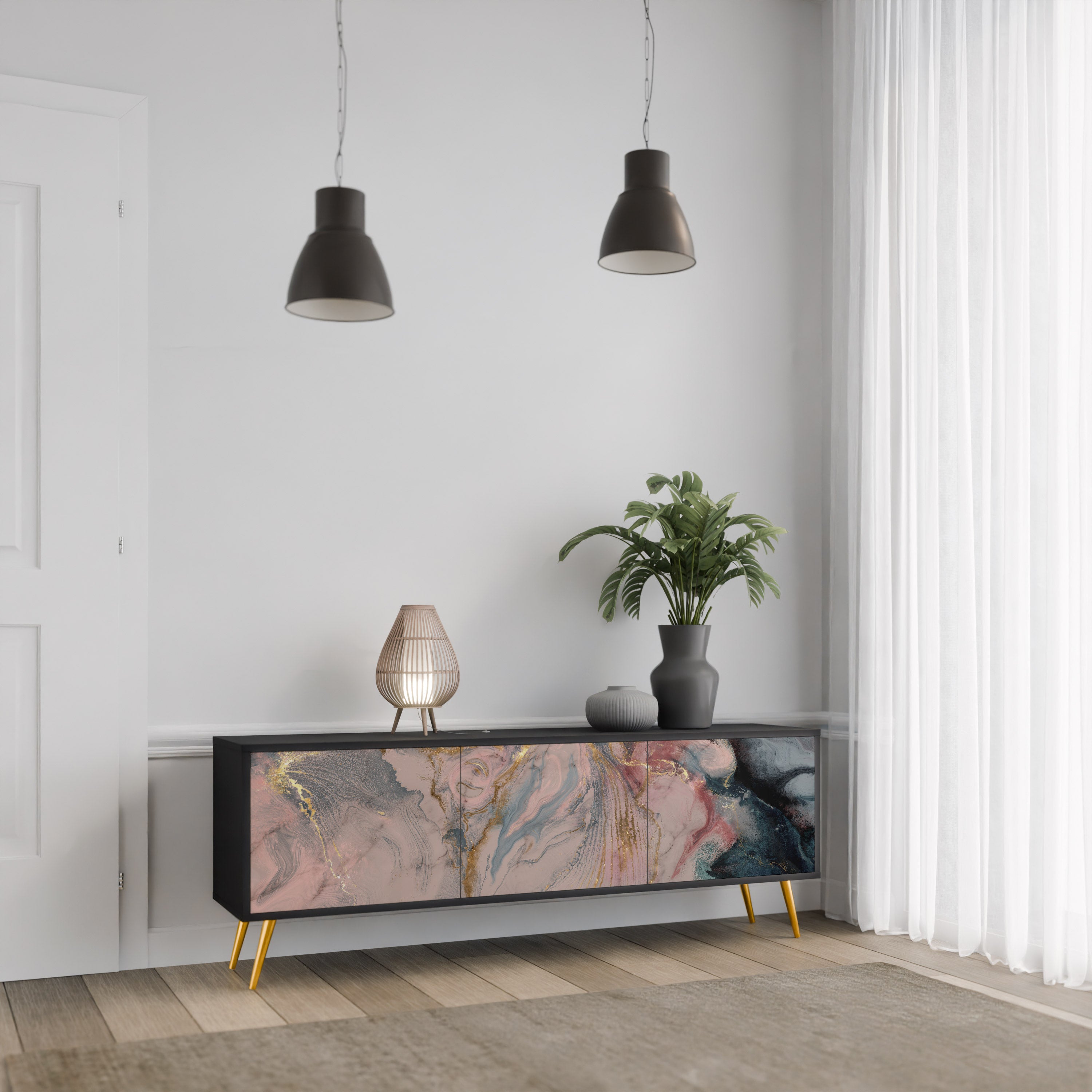 GILDED SWIRLS 3-Door TV Stand in Black Finish
