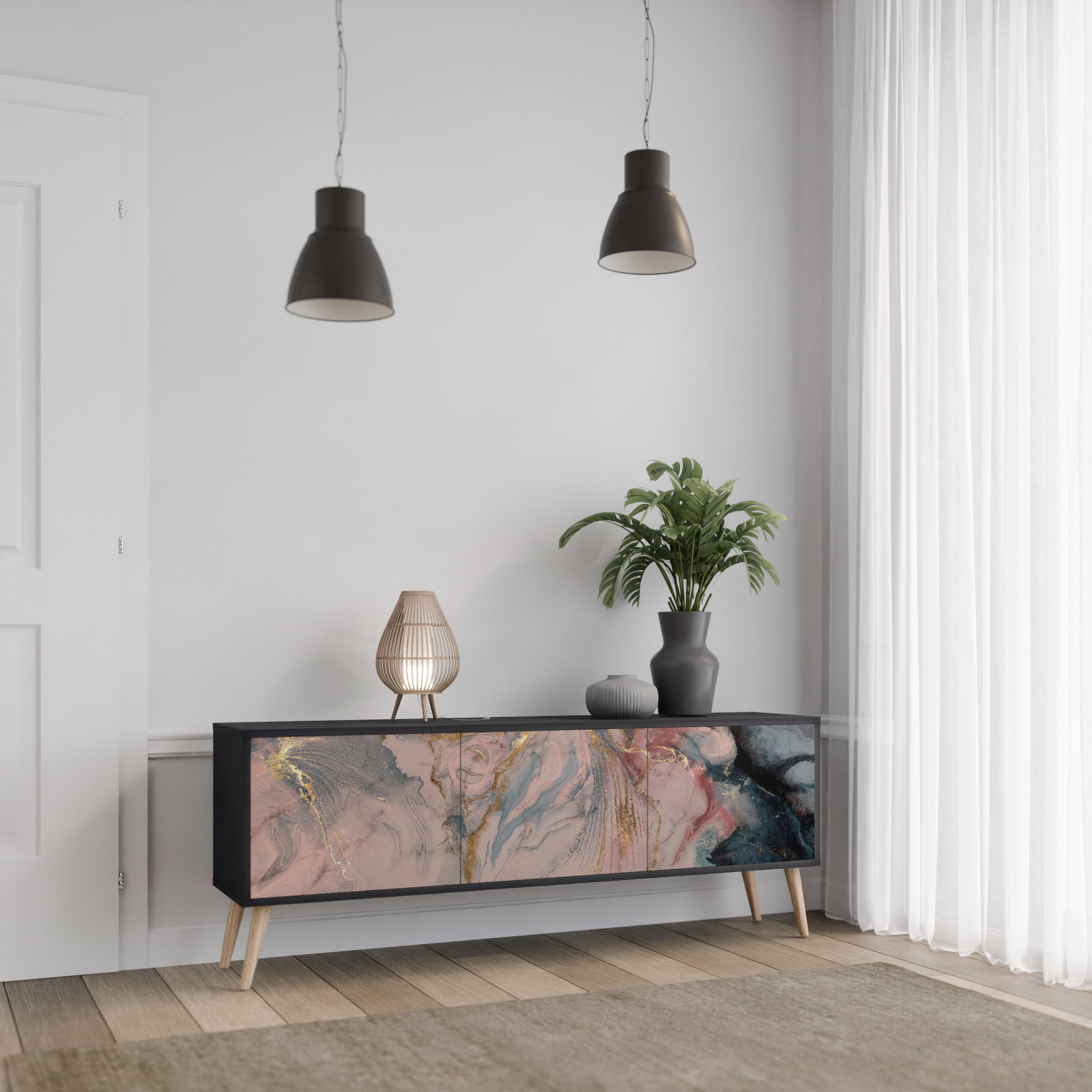 GILDED SWIRLS 3-Door TV Stand in Black Finish