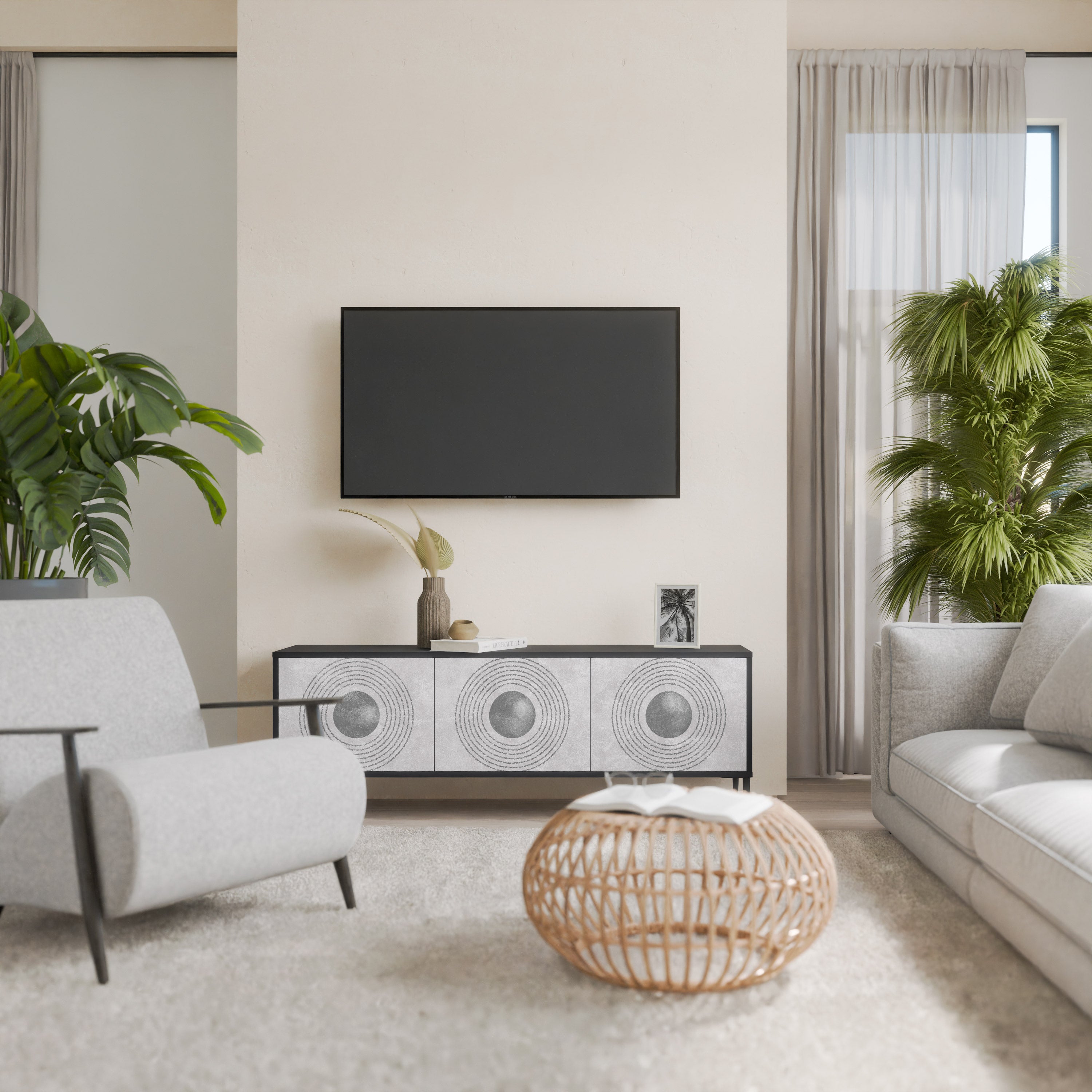 Mueble de TV de 3 puertas SOLID CIRCLES en acabado negro