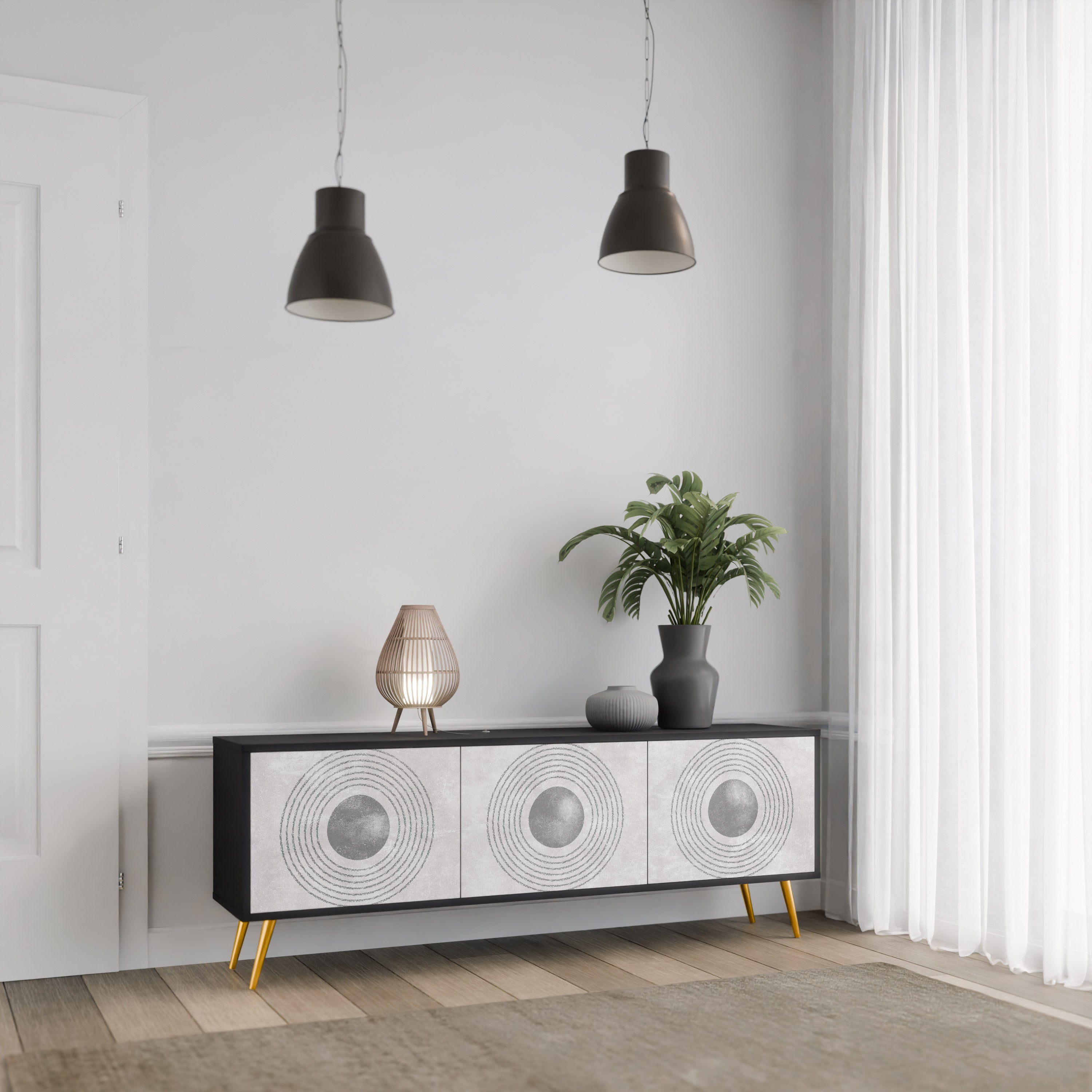 Mueble de TV de 3 puertas SOLID CIRCLES en acabado negro