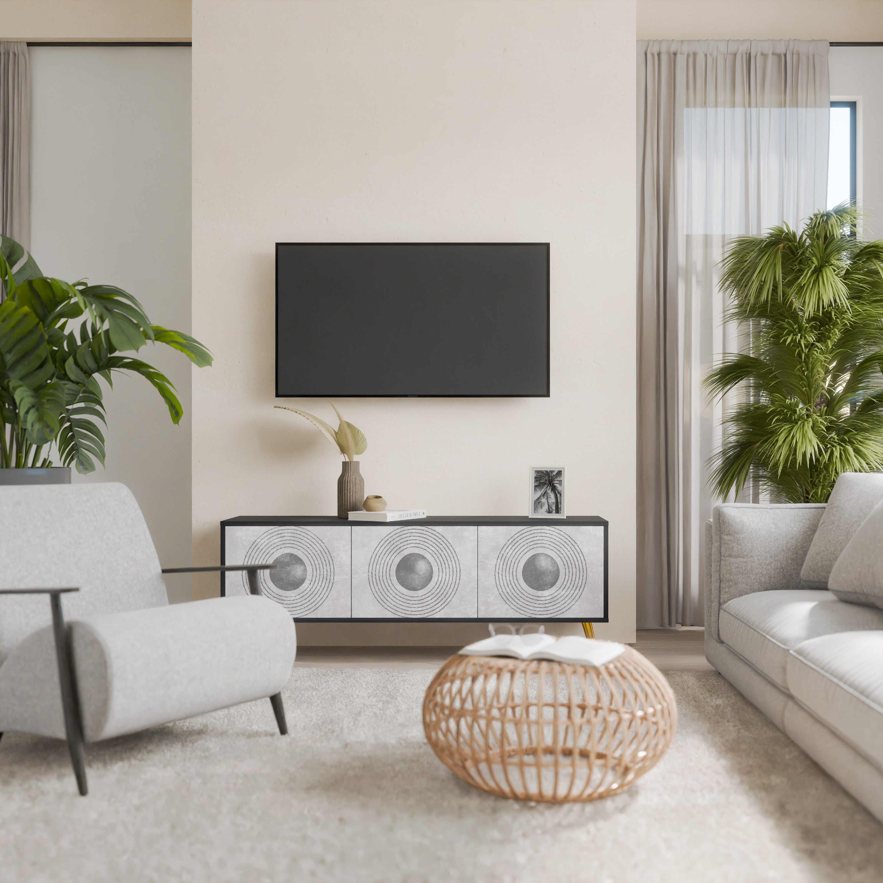 Mueble de TV de 3 puertas SOLID CIRCLES en acabado negro