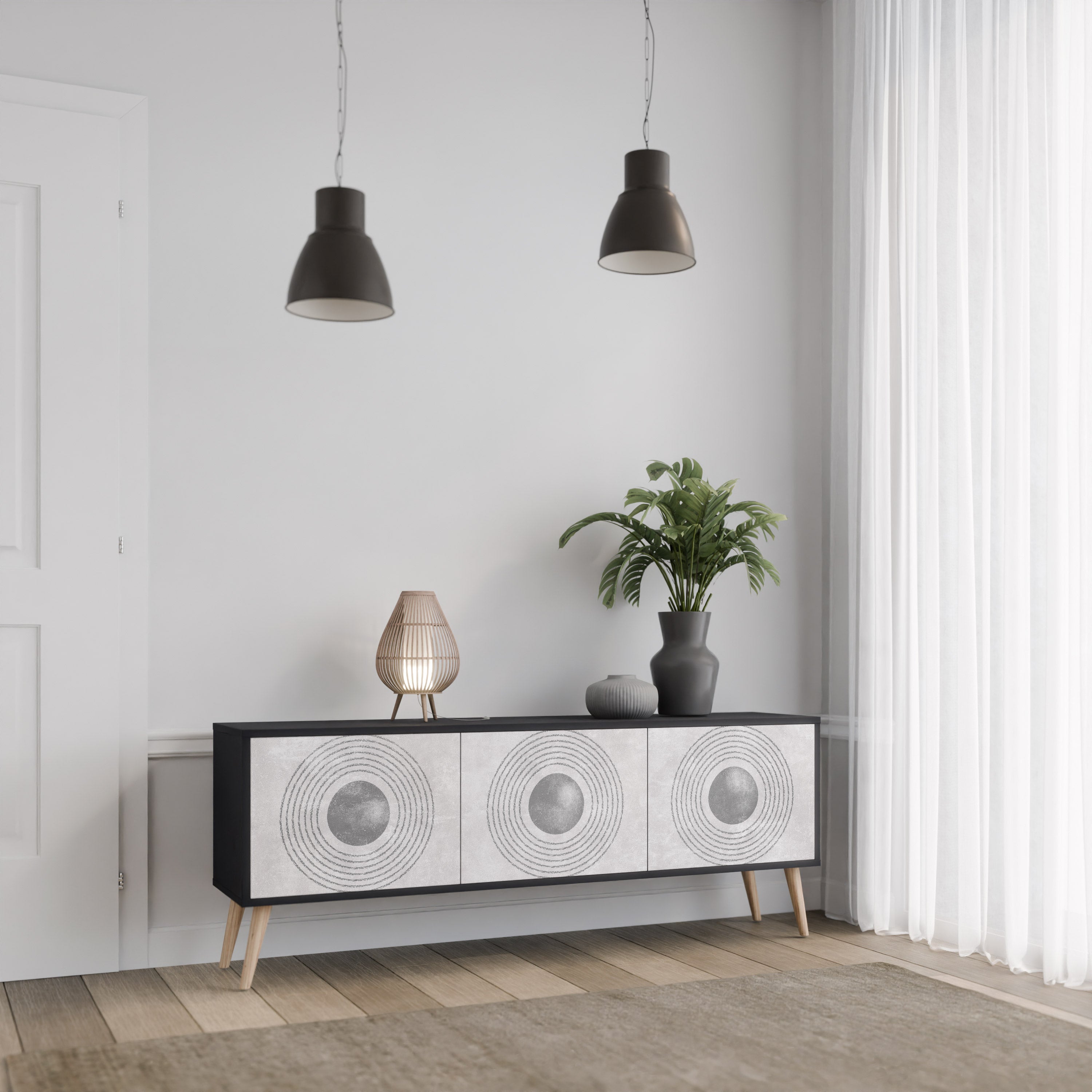 Mueble de TV de 3 puertas SOLID CIRCLES en acabado negro