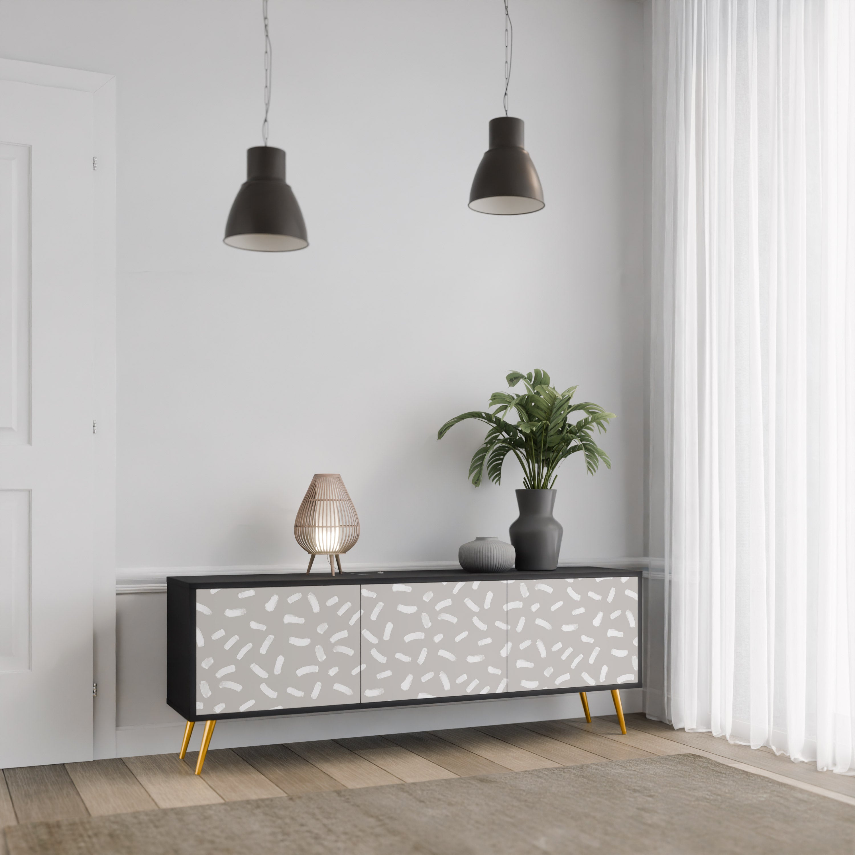 PASSING SECONDS Mueble de TV de 3 puertas con acabado negro