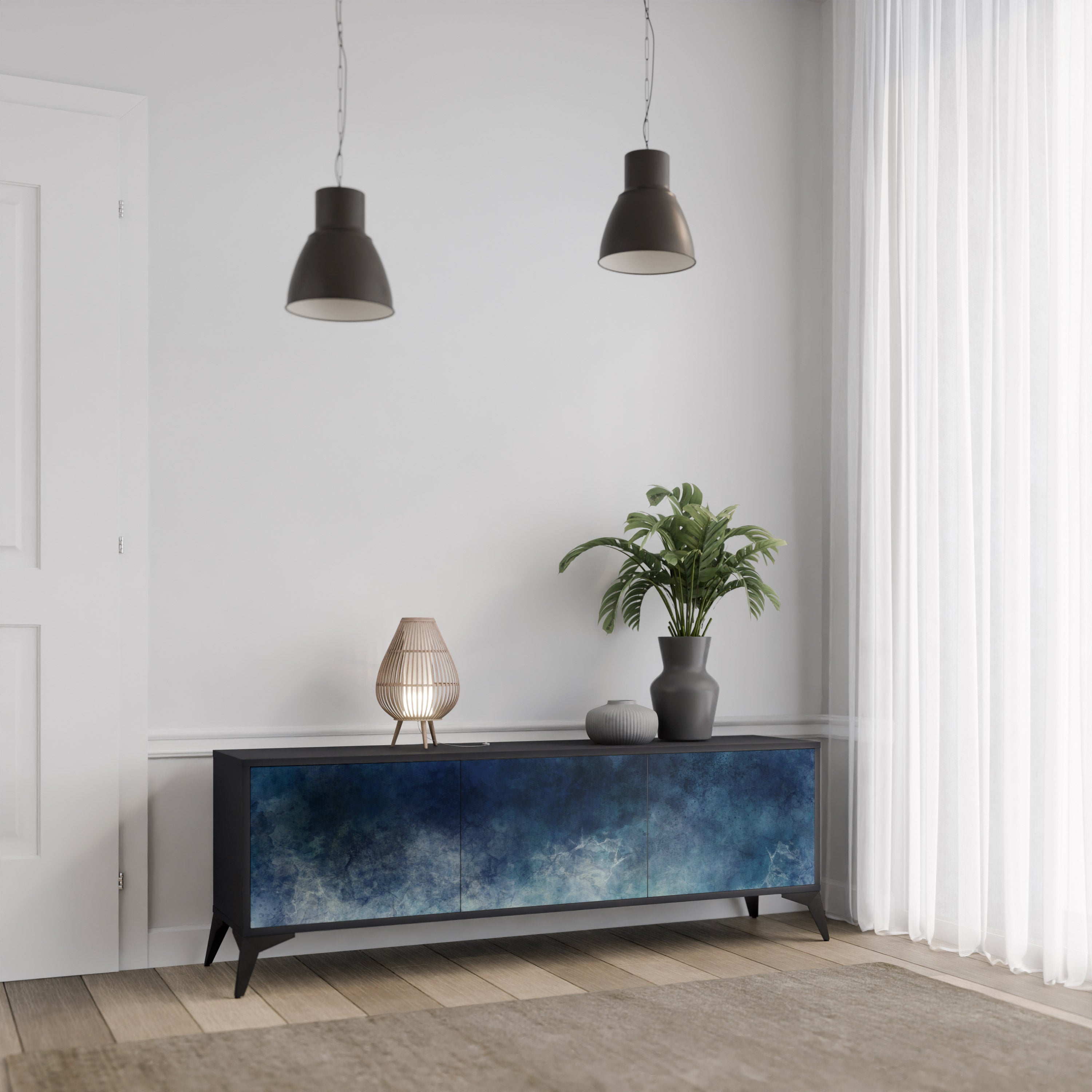 Mueble de TV de 3 puertas CELESTIAL FALL en acabado negro