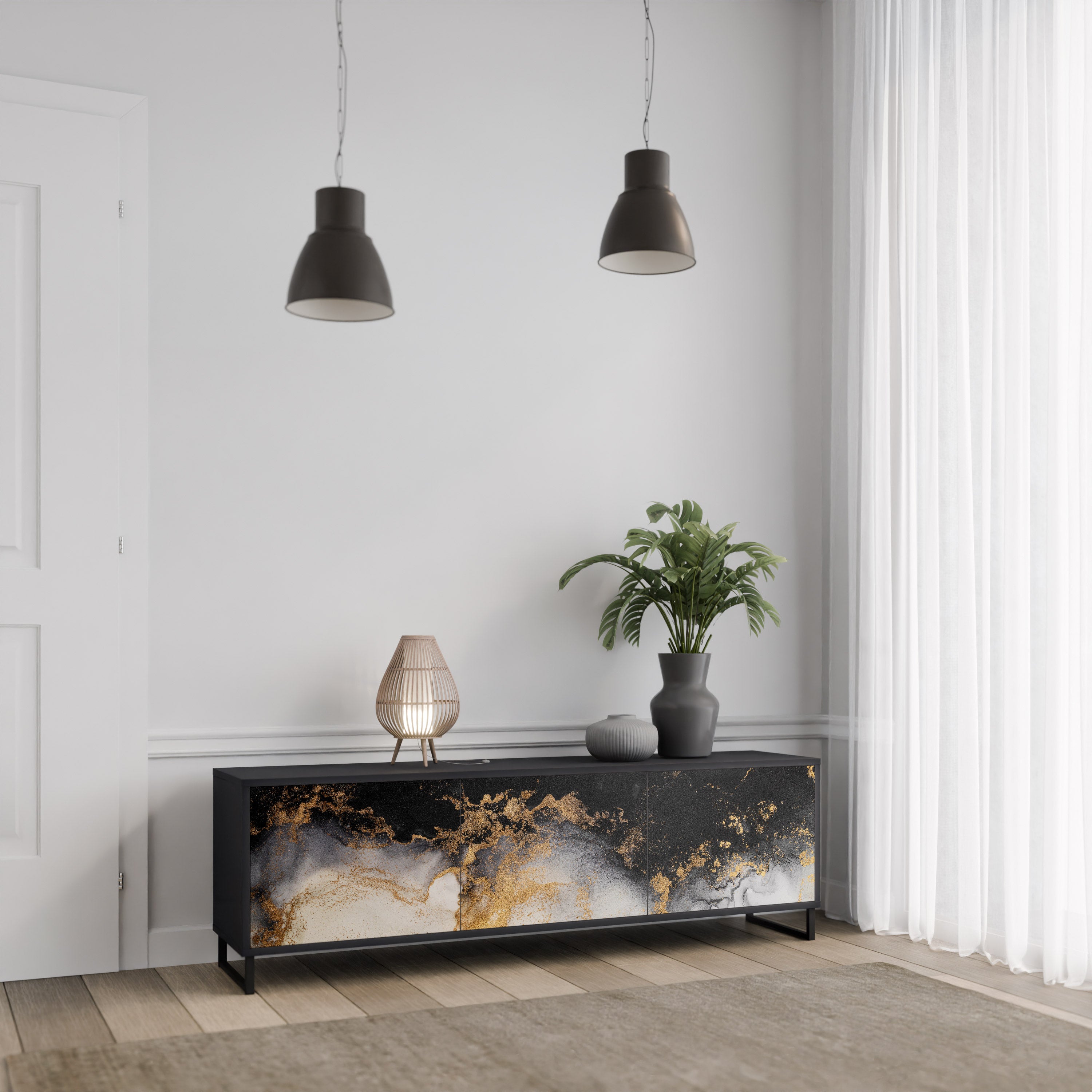 MARBLE OF TOMMORROW 3-Door TV Stand in Black Finish
