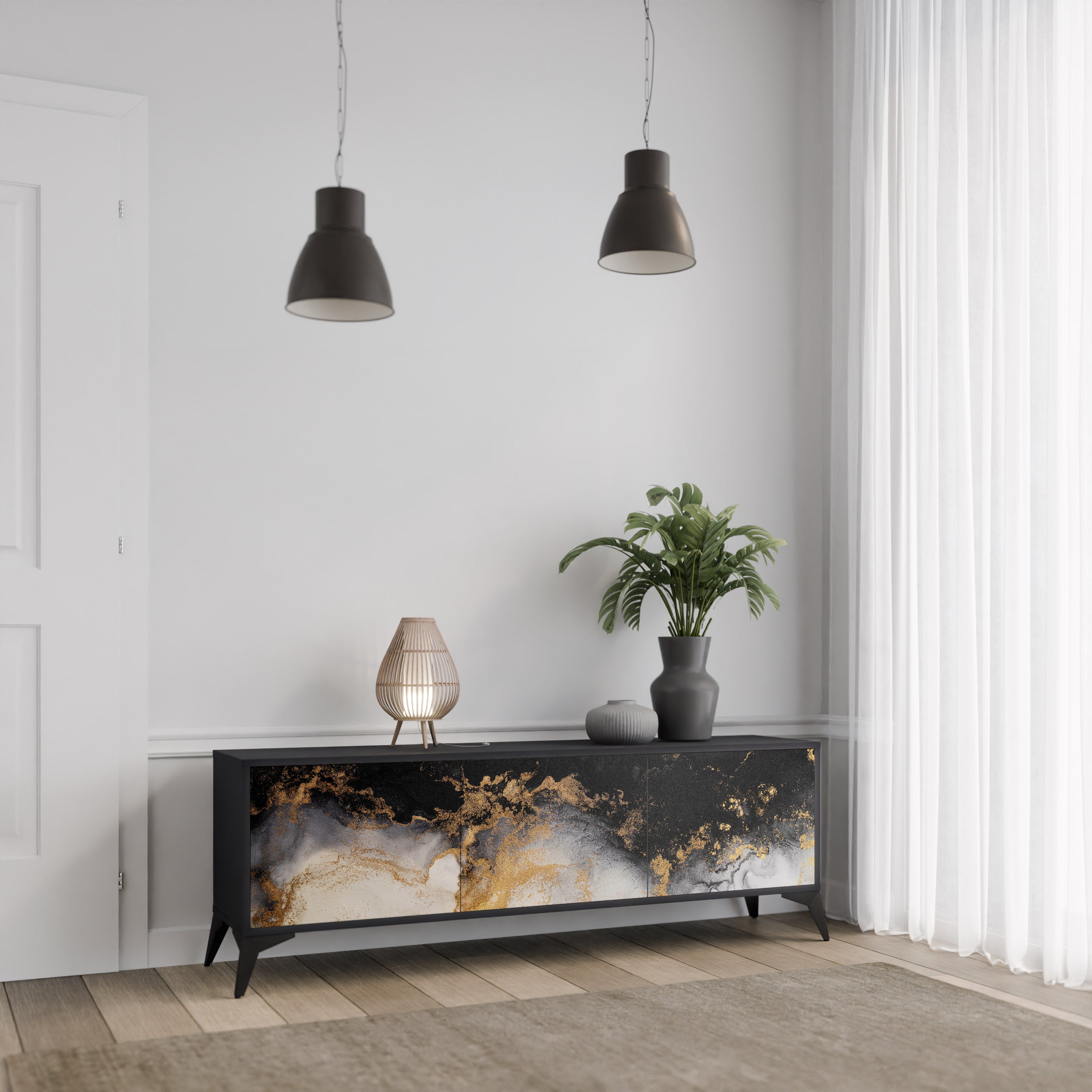 MARBLE OF TOMMORROW 3-Door TV Stand in Black Finish