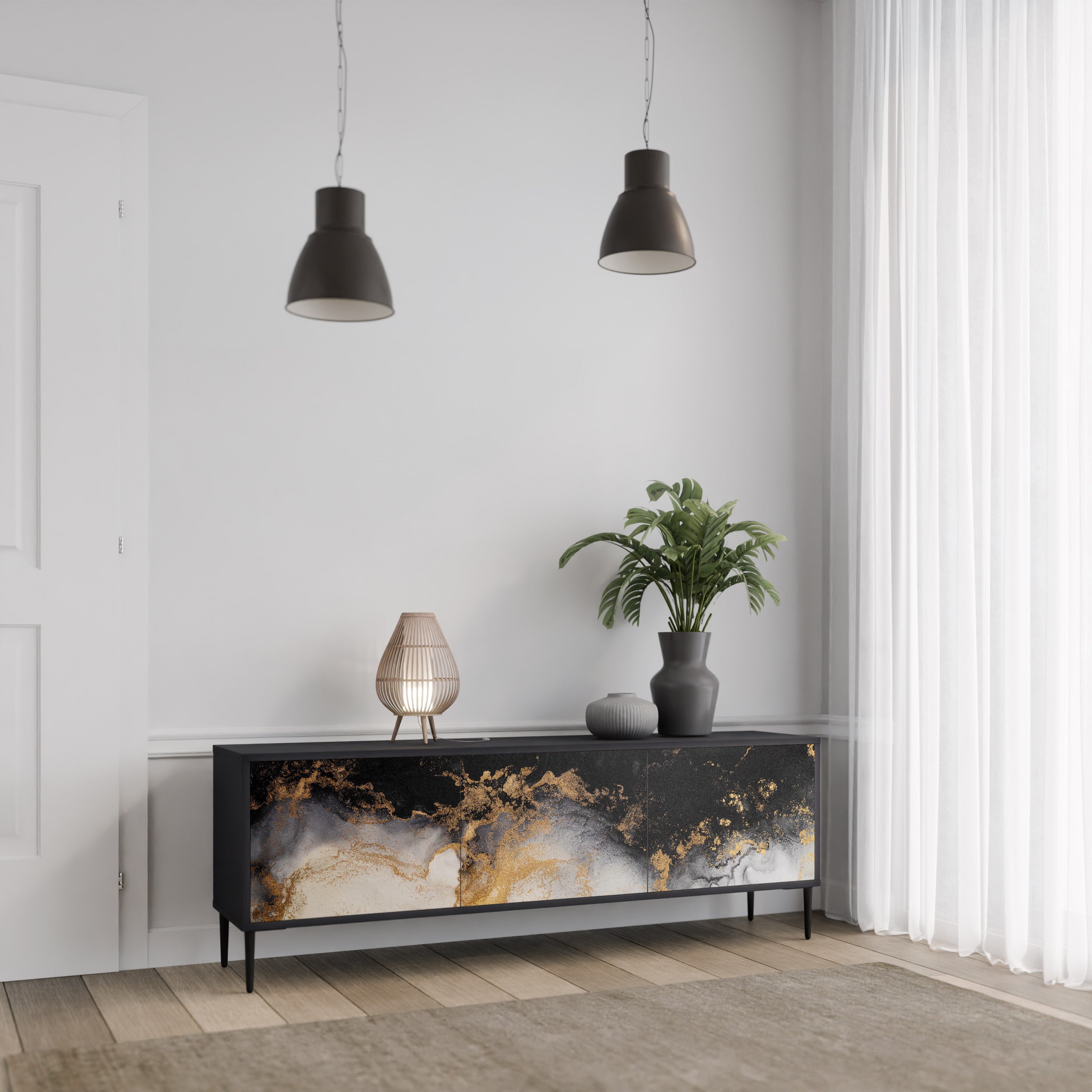 MARBLE OF TOMMORROW 3-Door TV Stand in Black Finish