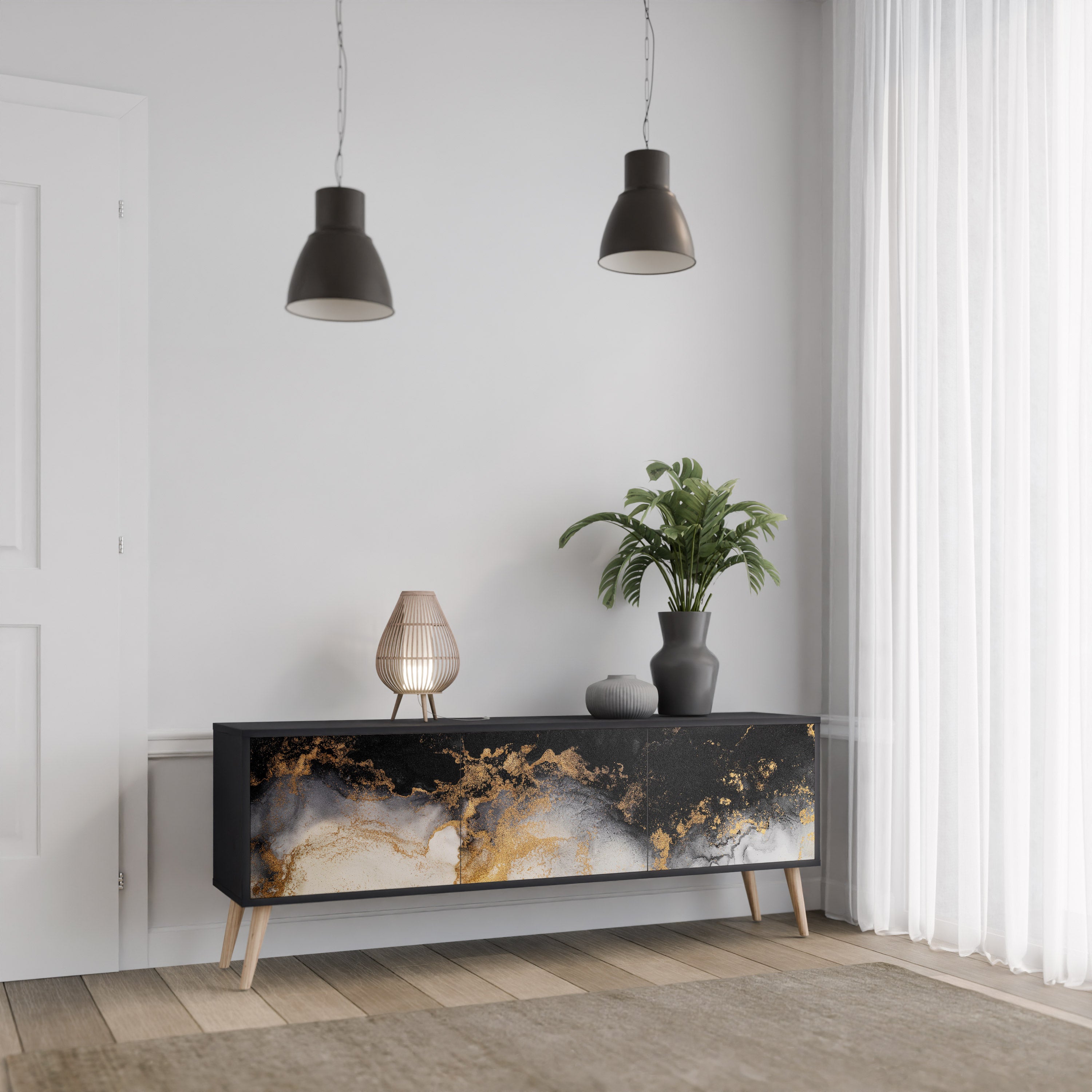 MARBLE OF TOMMORROW 3-Door TV Stand in Black Finish
