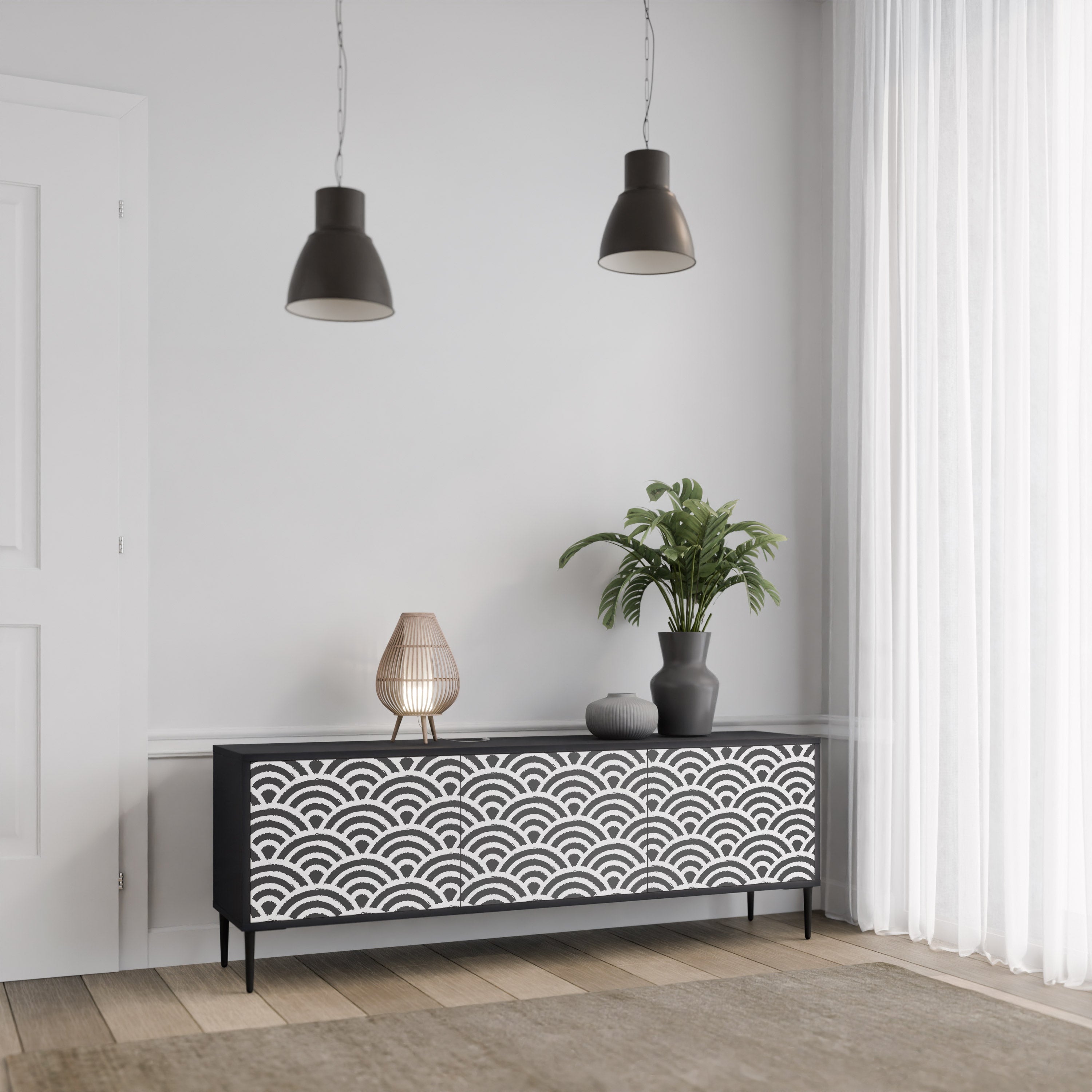 GLOOMY HOST 3-Door TV Stand in Black Finish