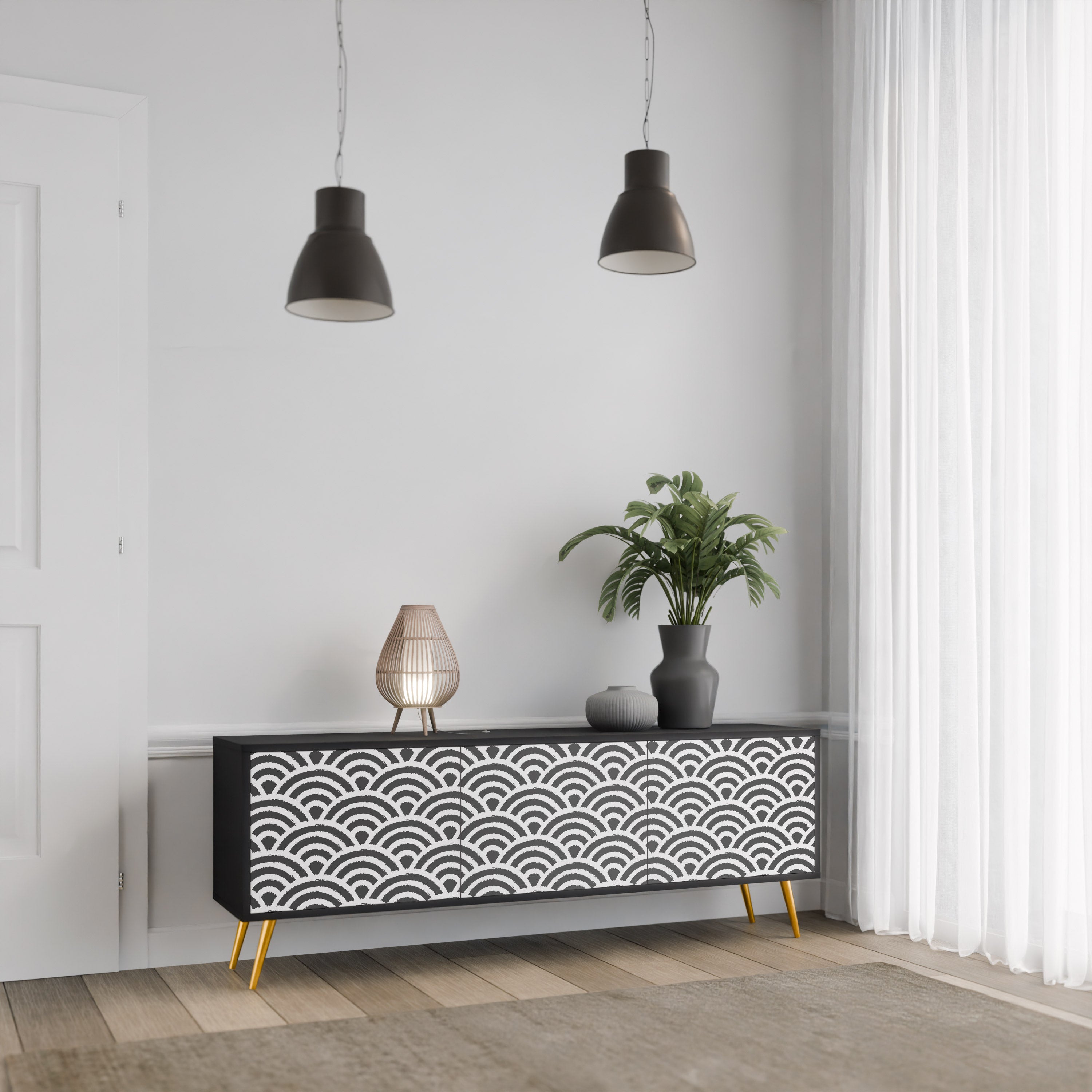 GLOOMY HOST 3-Door TV Stand in Black Finish