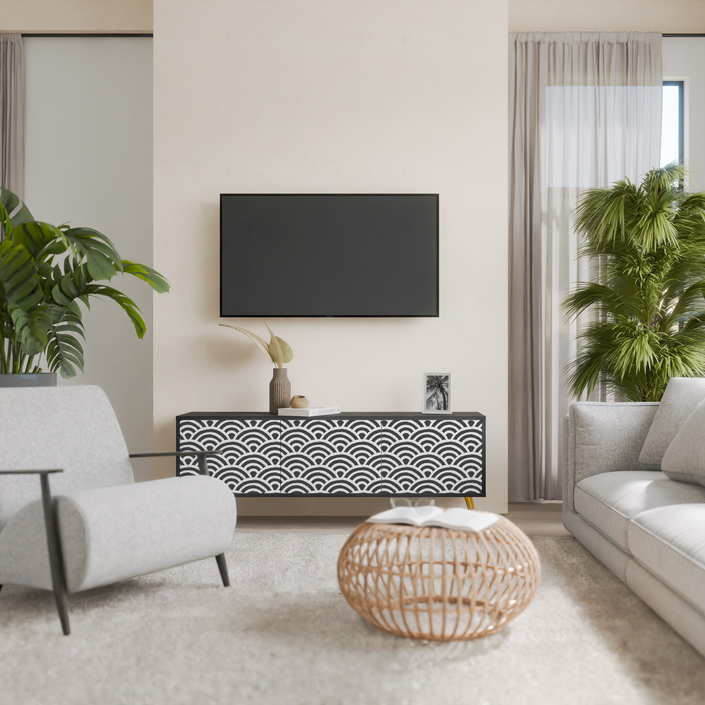 GLOOMY HOST 3-Door TV Stand in Black Finish