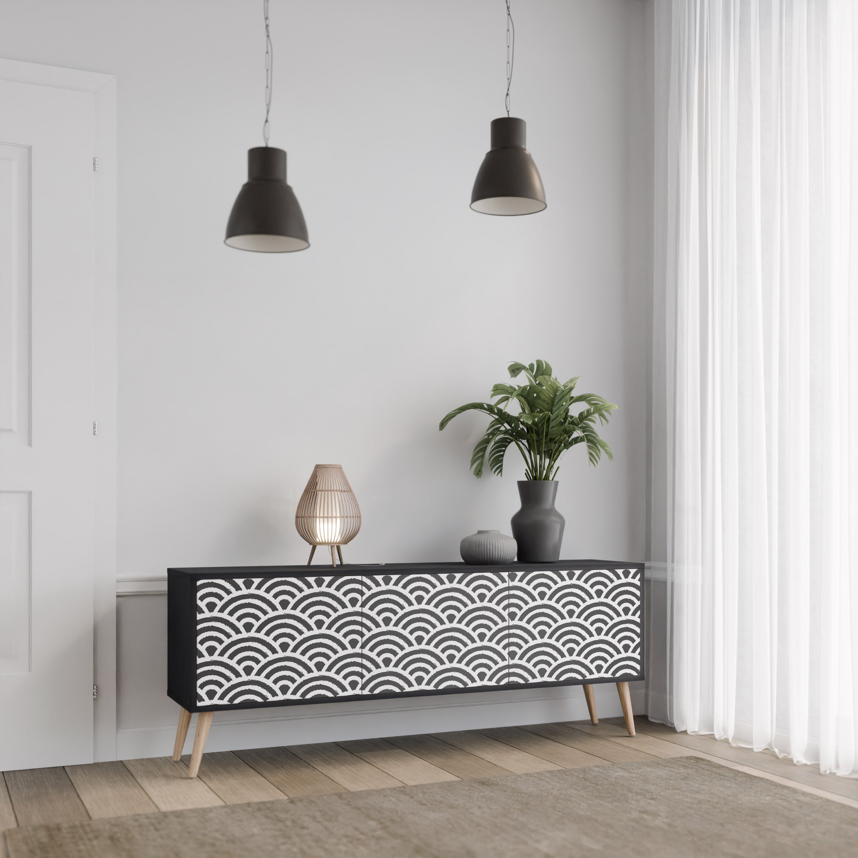 GLOOMY HOST 3-Door TV Stand in Black Finish