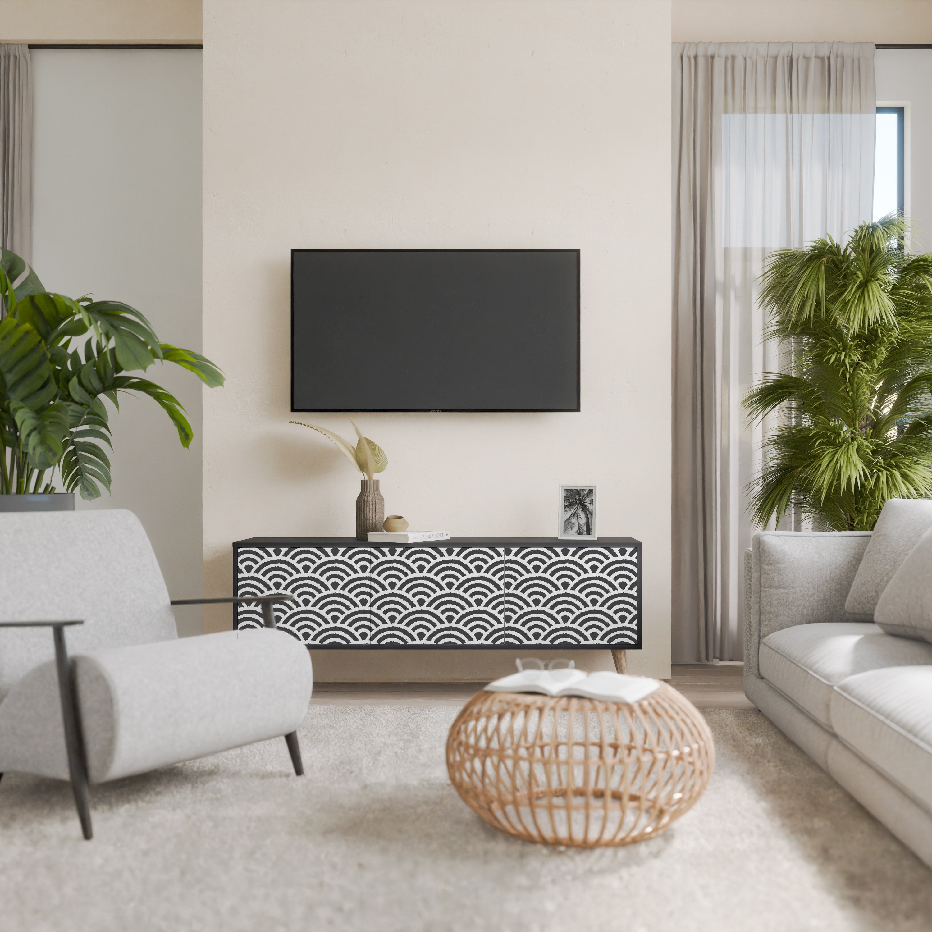 GLOOMY HOST 3-Door TV Stand in Black Finish