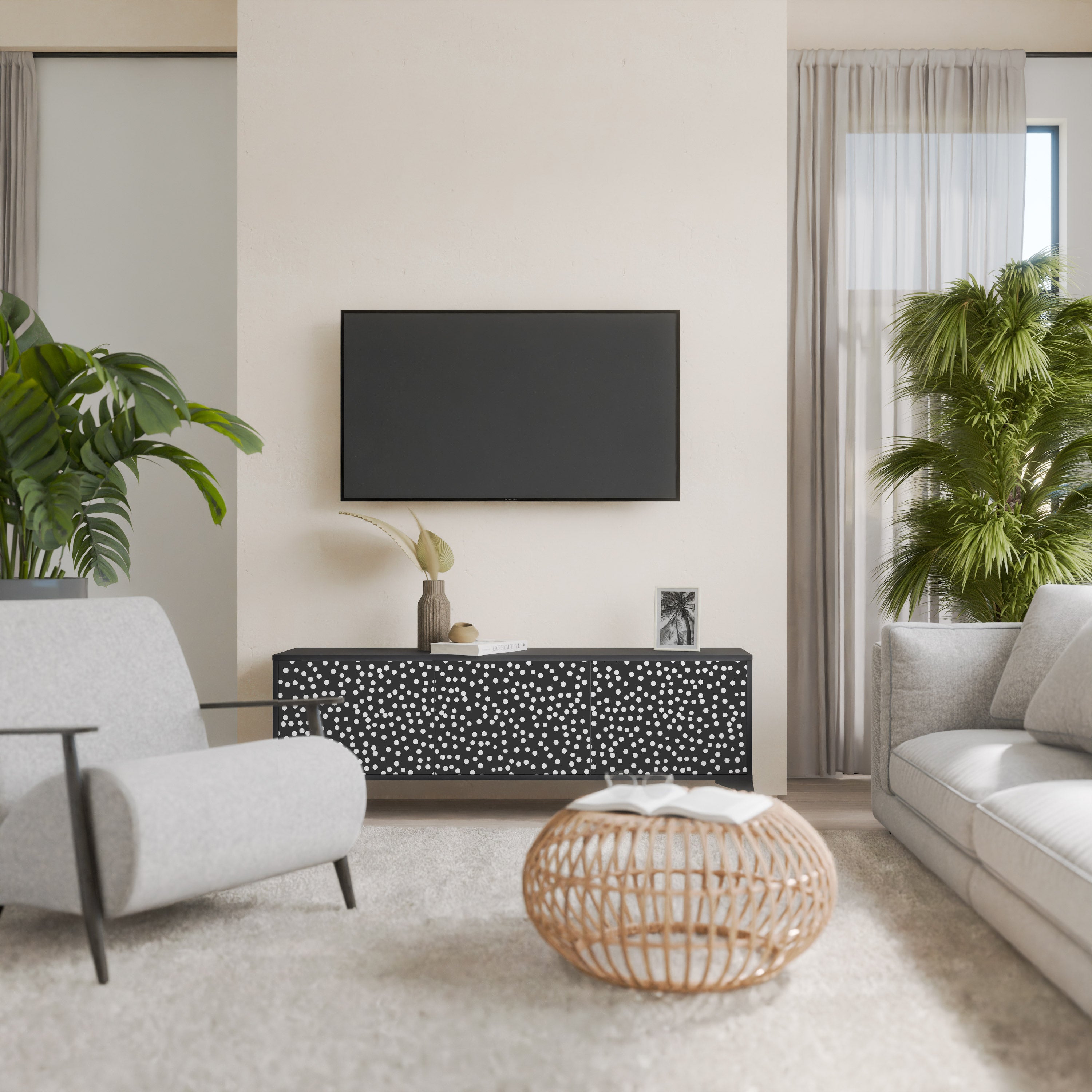 BLINDING LIGHTS 3-Door TV Stand in Black Finish