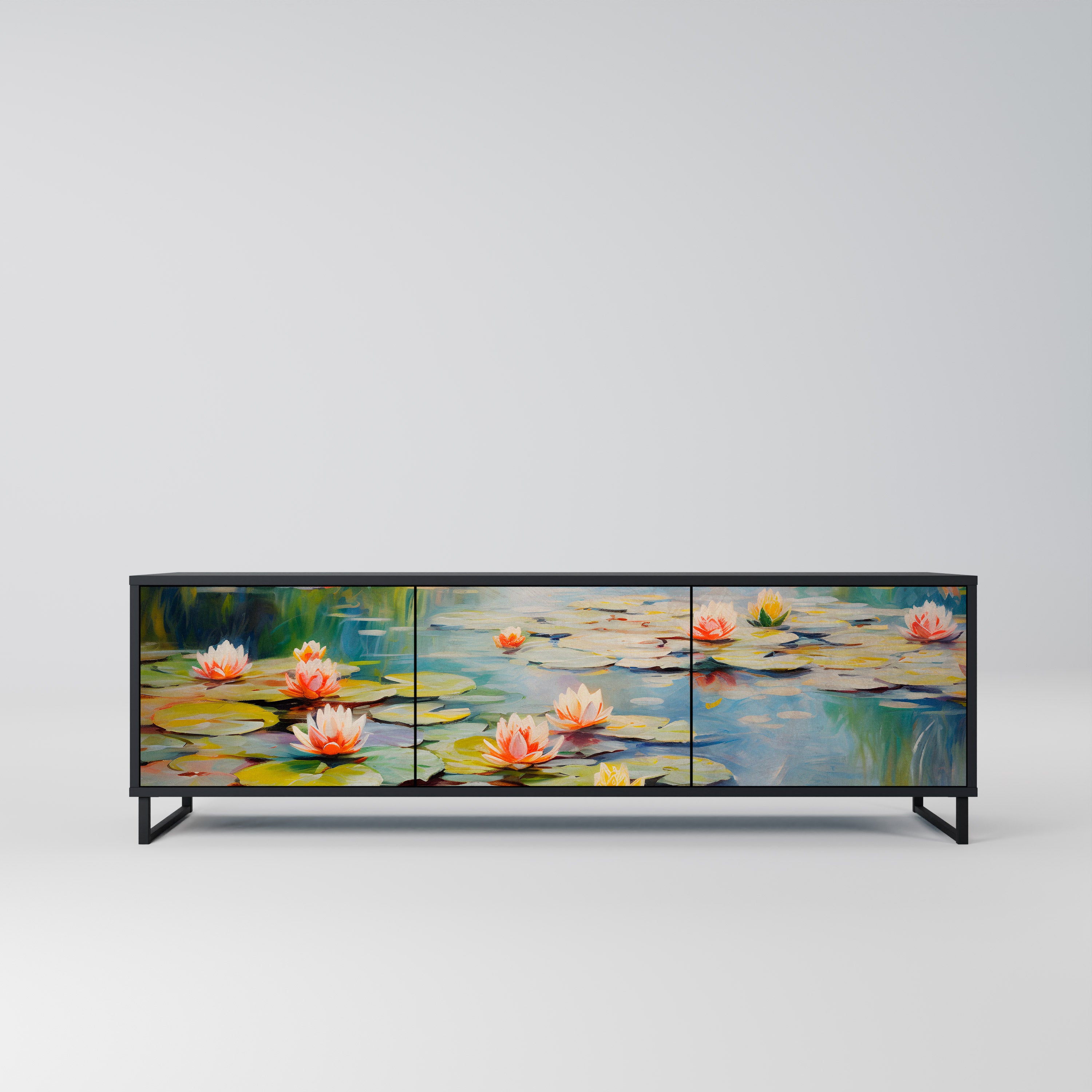 BLOOMING WATERS 3-Door TV Stand in Black Finish