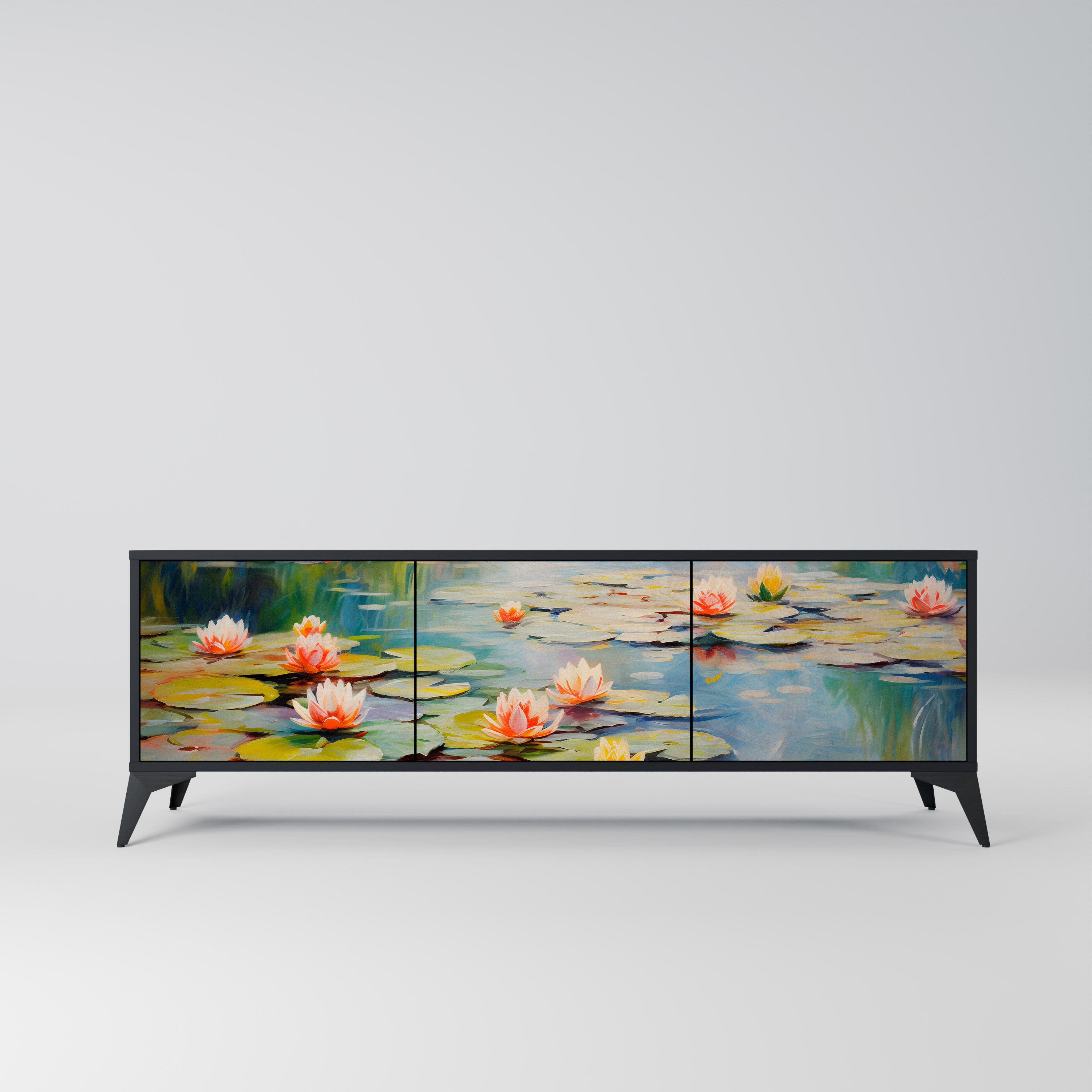 BLOOMING WATERS 3-Door TV Stand in Black Finish