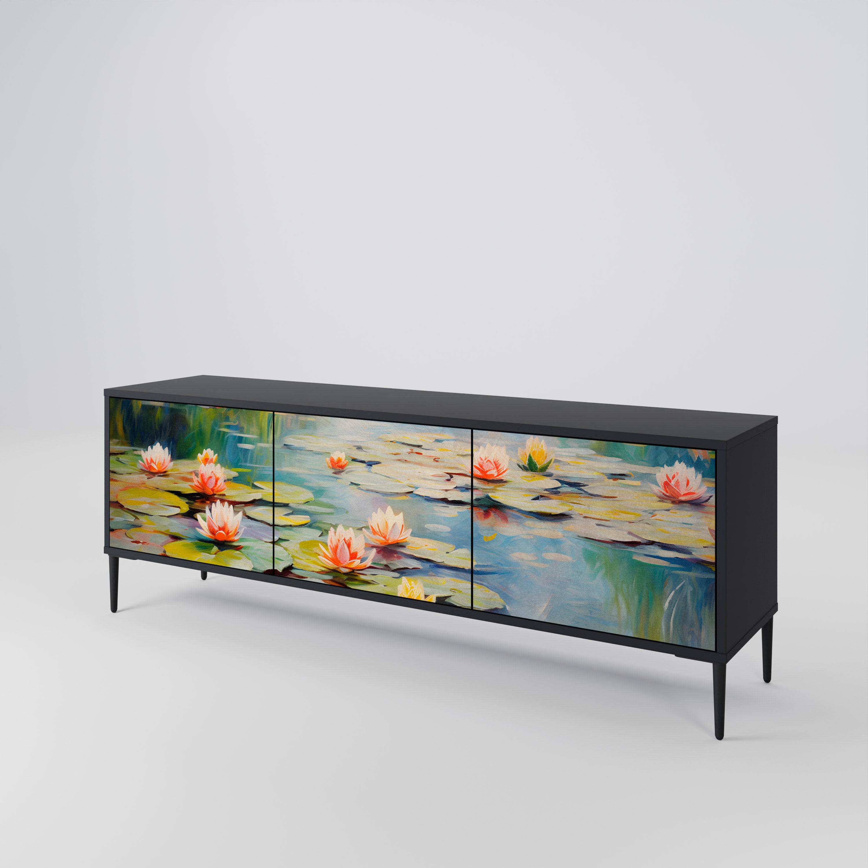 BLOOMING WATERS 3-Door TV Stand in Black Finish